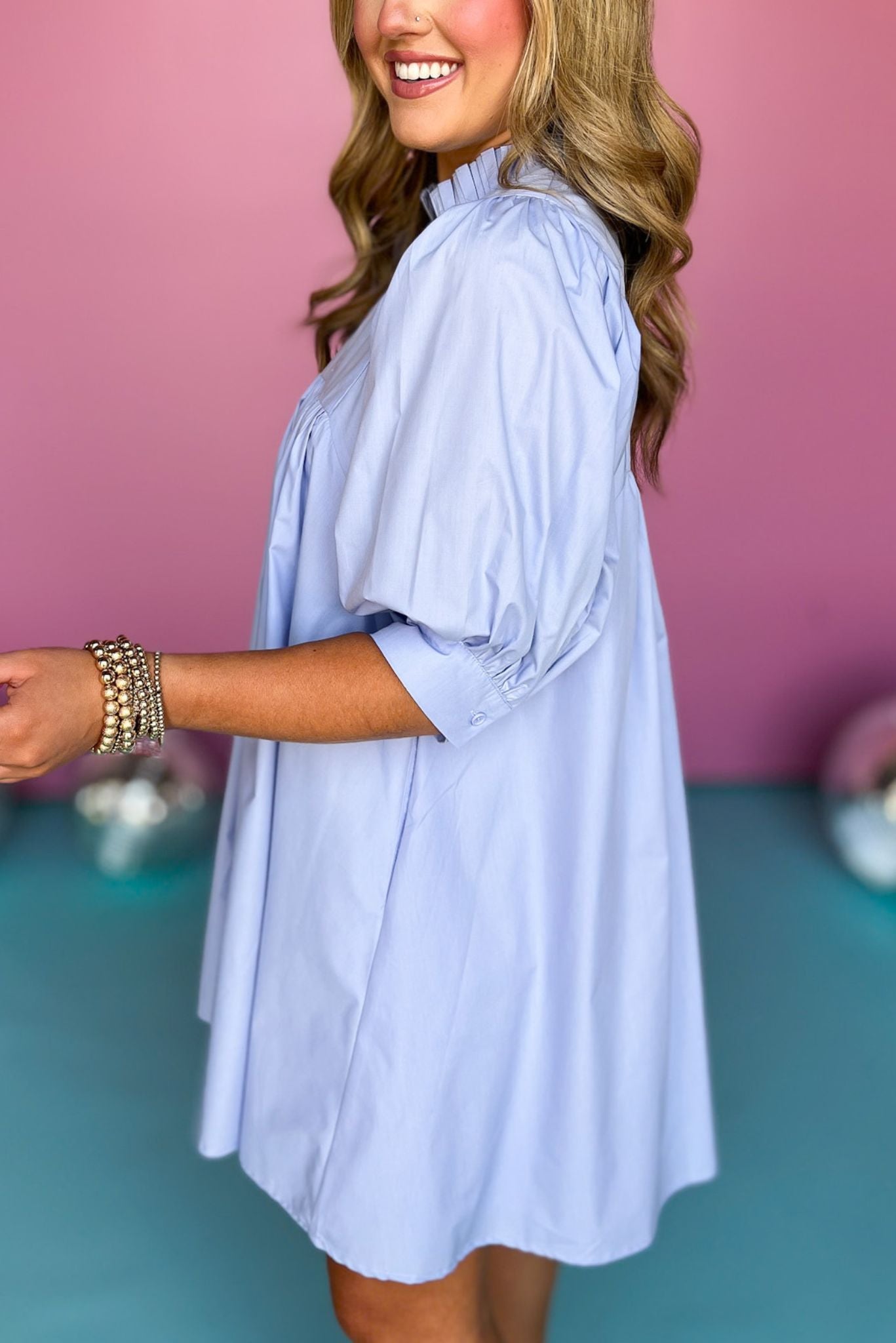 Light Blue Frill Split Neck Banded Cuff Sleeve Babydoll Dress, must have dress, must have style, weekend style, brunch style, spring fashion, elevated style, elevated style, mom style, shop style your senses by mallory fitzsimmons, ssys by mallory fitzsimmons