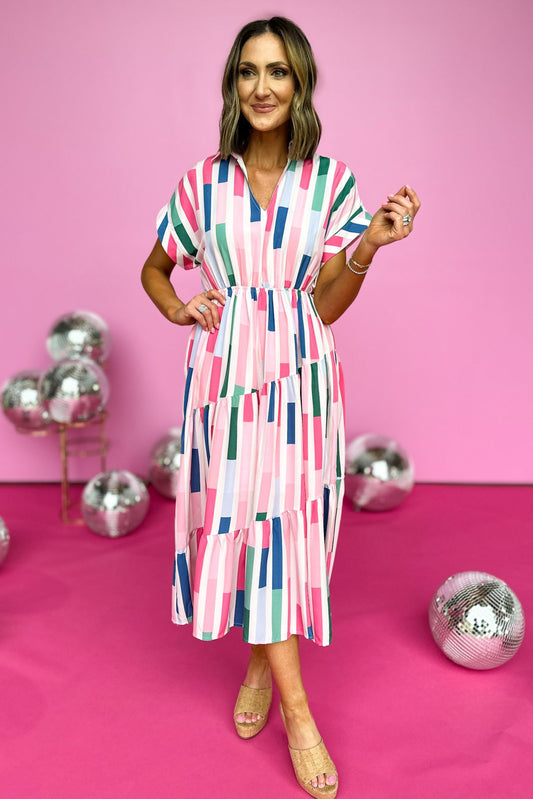 Pink Abstract Printed V Neck Collared Midi Dress, collar detail, tiered dress, new arrival, summer dress, midi dress, shop style your senses by mallory fitzsimmons