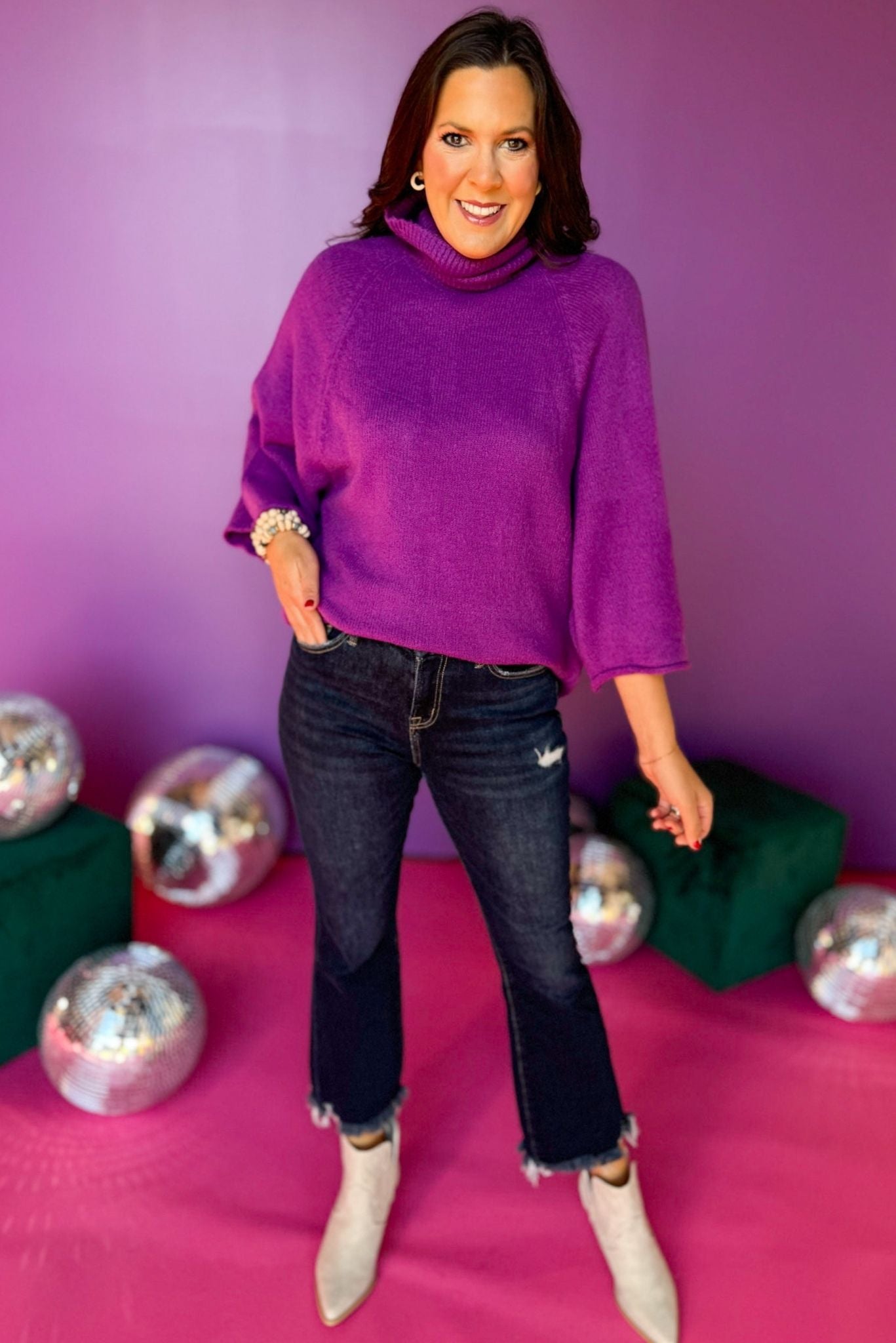 Purple 3/4 Dolman Sleeve Turtleneck Pullover Top, must have top, must have style, winter style, winter fashion, elevated style, elevated top, mom style, winter top, shop style your senses by mallory fitzsimmons