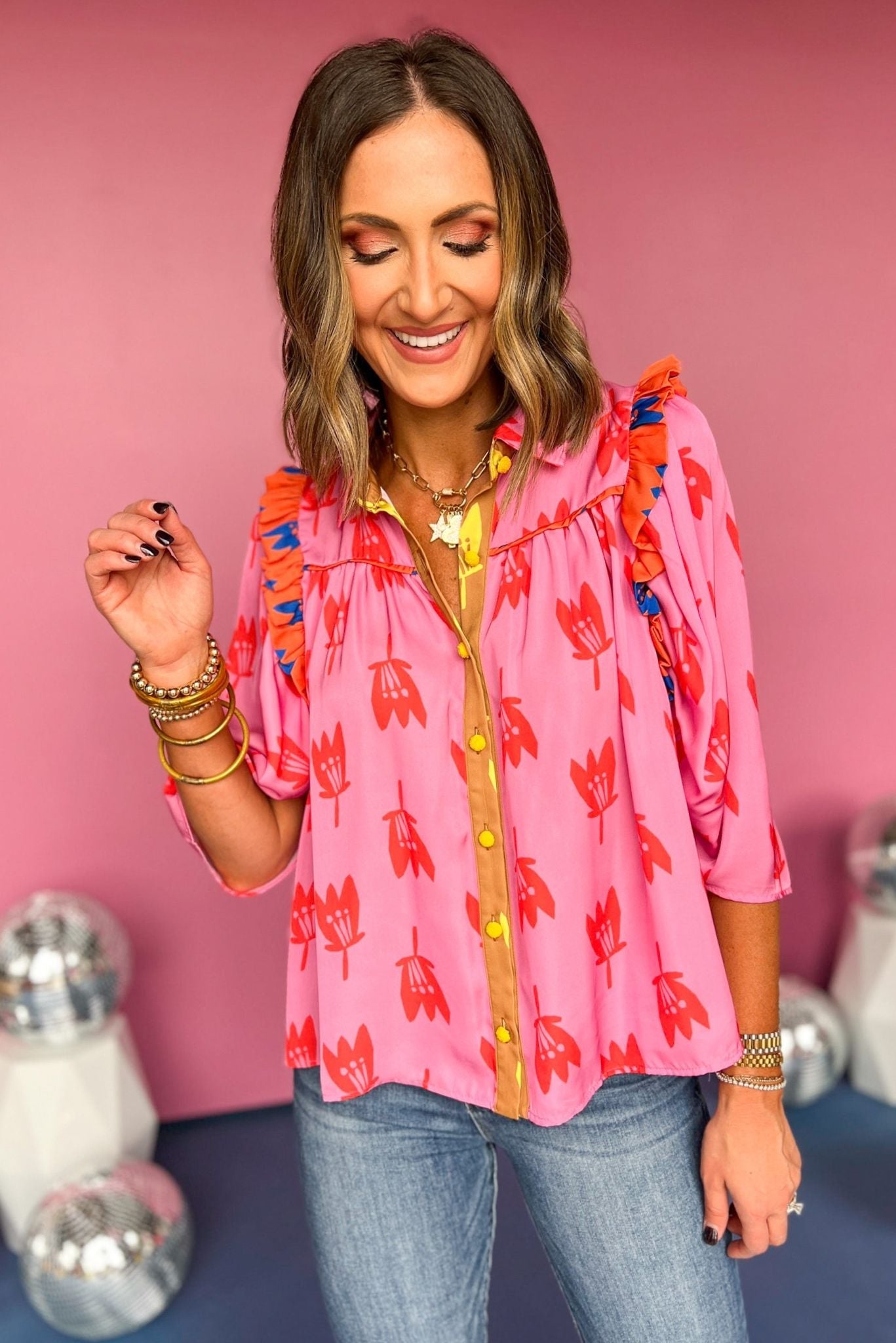 Karlie Pink Floral Printed Colorblock Button Front Ruffle Shoulder Top, must have top, must have style, must have fall, fall collection, fall fashion, elevated style, elevated top, mom style, fall style, shop style your senses by mallory fitzsimmons