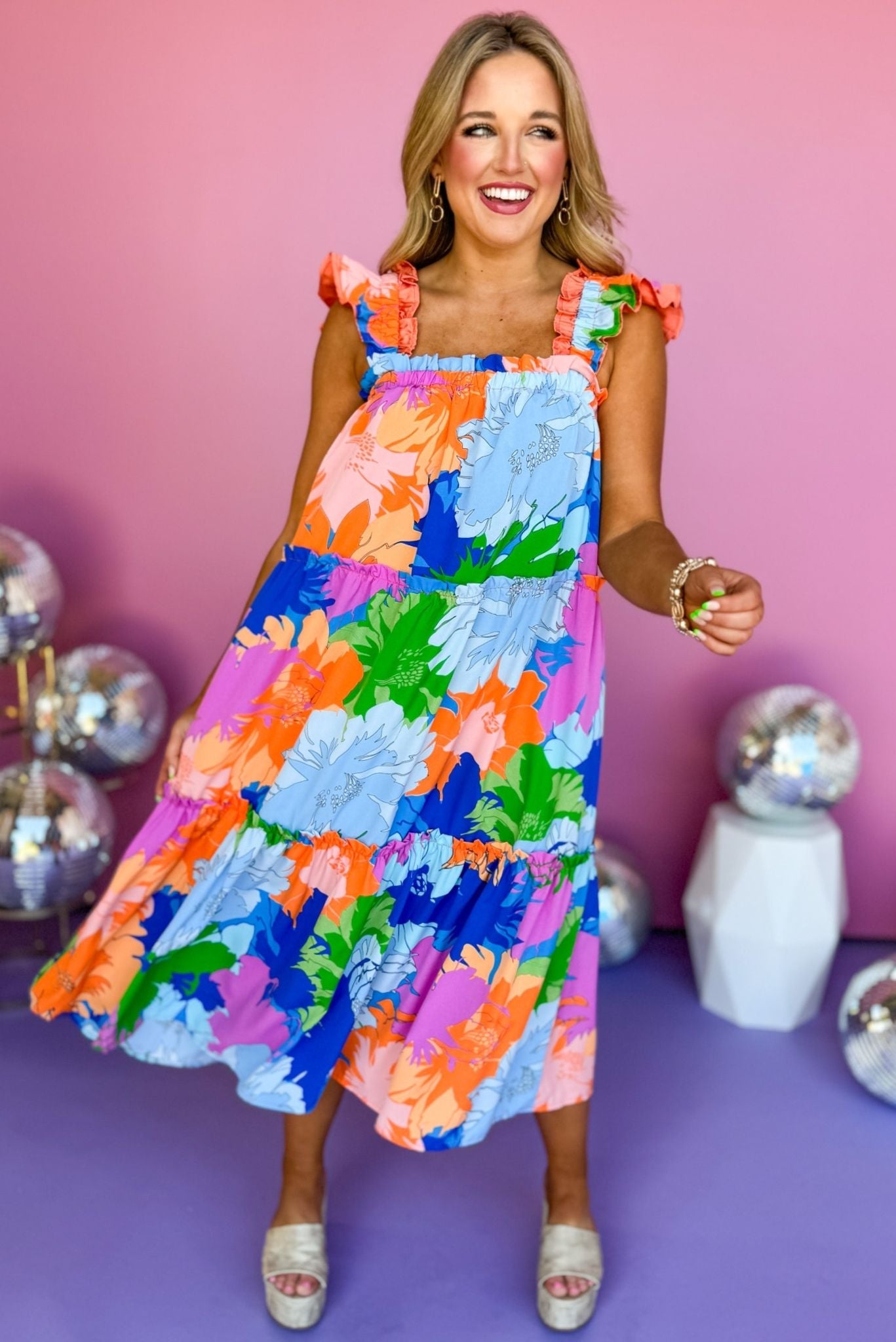 Orange Multi Floral Print Flutter Elastic Shoulder Midi Dress SSYS Orange Multi Floral Print Flutter Elastic Shoulder Midi Dress SSYS