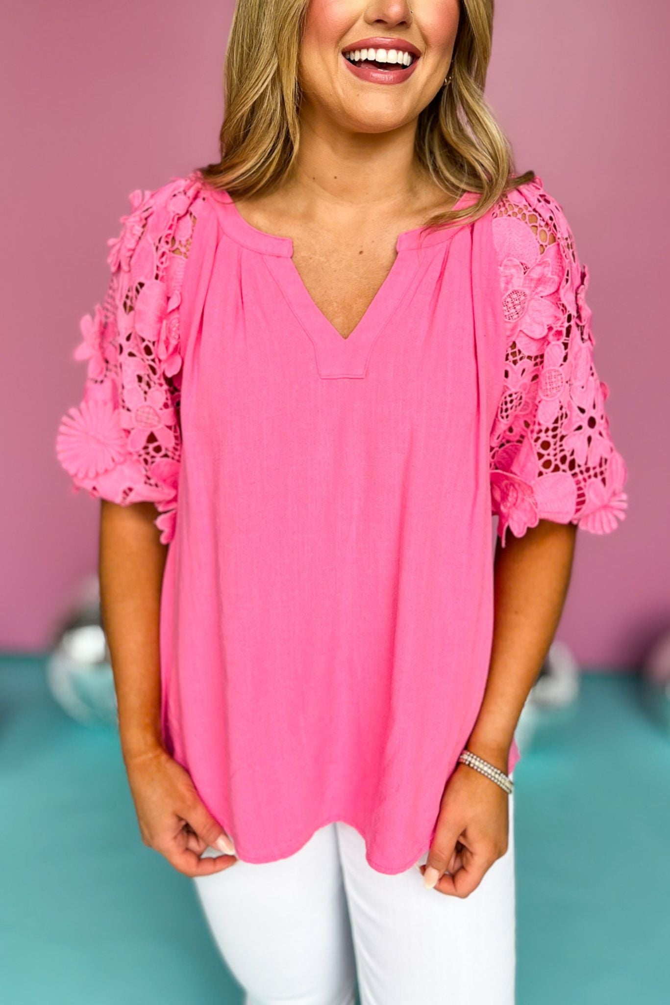 Pink Split Neck Short Floral Lace Contrast Puff Sleeve Top, lace sleeve top, must have top, must have style, summer style, spring fashion, elevated style, elevated top, mom style, shop style your senses by mallory fitzsimmons, ssys by mallory fitzsimmons
