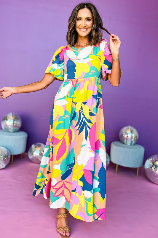 Pink Multi Print Round Neck Short Bubble Sleeve Cut Out Back Dress, tropical dress, beach dress, must have dress, must have style, church style, brunch style, spring fashion, elevated style, elevated style, mom style, shop style your senses by mallory fitzsimmons, ssys by mallory fitzsimmons