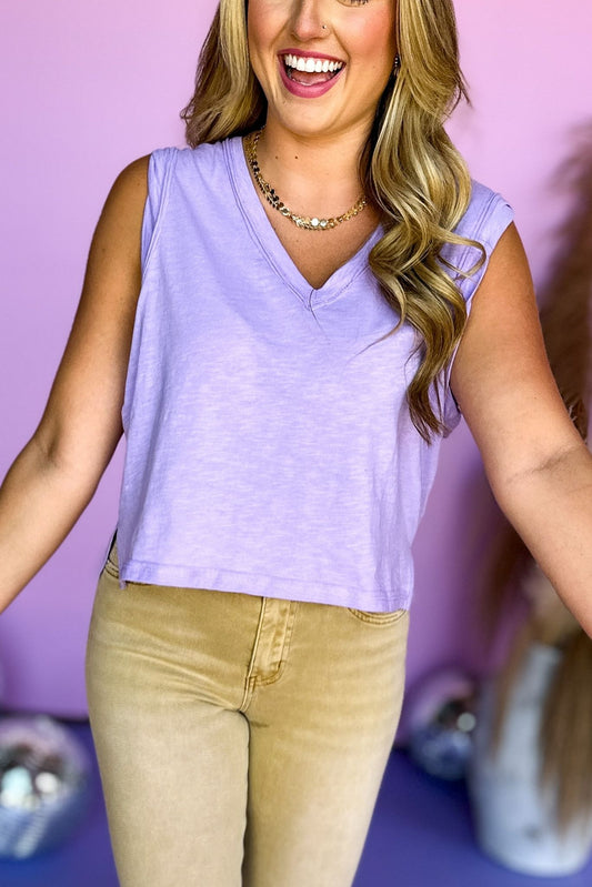 Lavender V Neck Sleeveless Exposed Seam Tank Top, summer tank, must have, mom style, elevated style, shop style your senses by mallory fitzsimmons