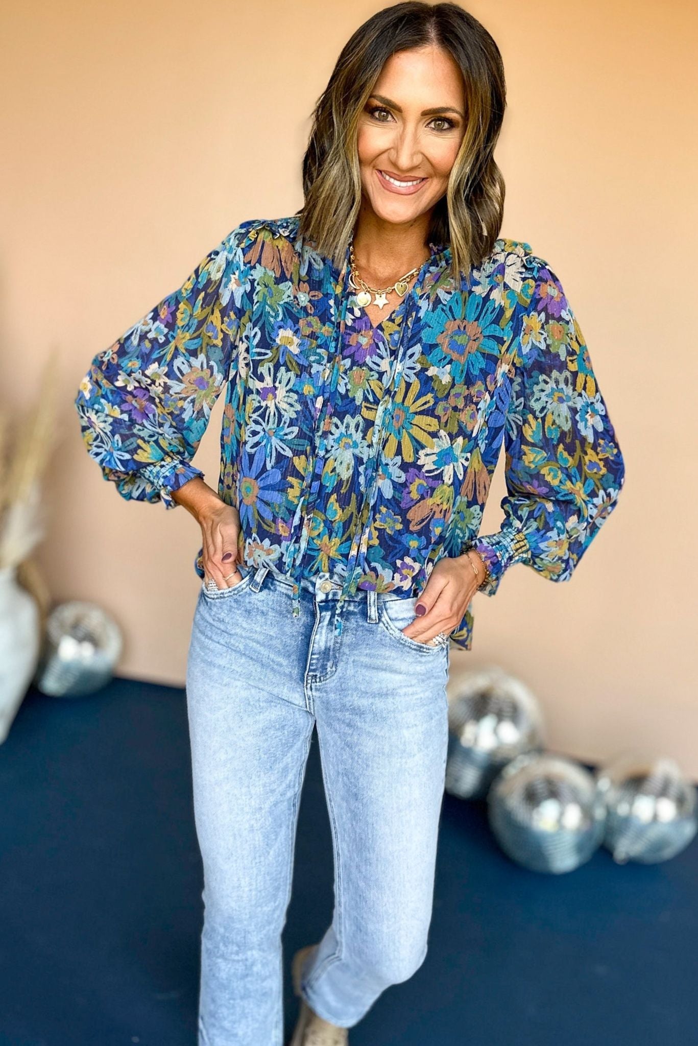 Navy Floral Printed Chiffon Tie Neck Long Sleeve Top, elevated top, elevaed style, must have top, must have style, fall top, printed top, mom style, fall fashion, shop style your senses by mallory fitzsimmons