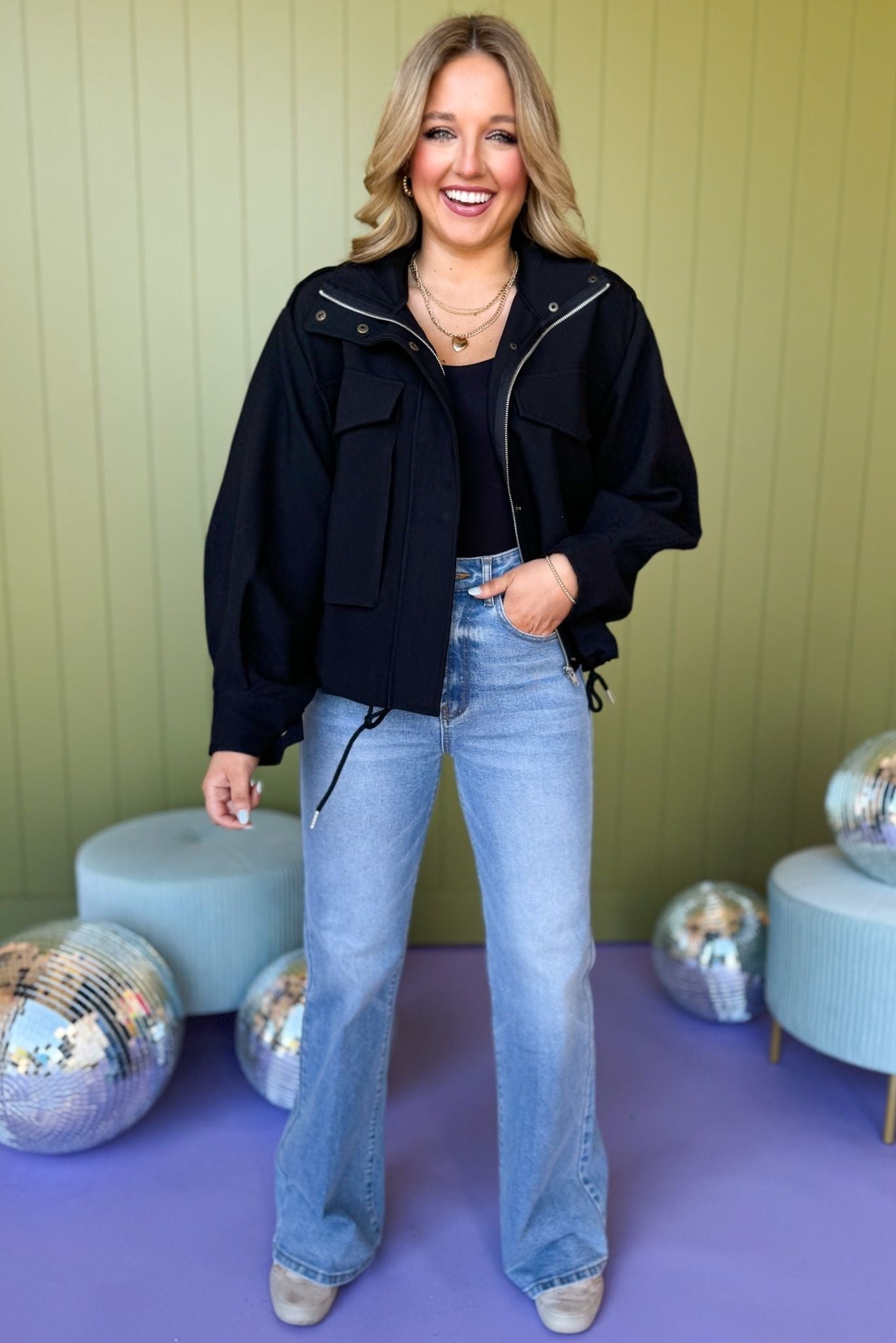 Black Zip Front Pocket Detail Bomber Jacket, must have jacket, must have style, must have winter, winter fashion, elevated style, elevated jacket, mom style, winter style, shop style your senses by mallory fitzsimmons