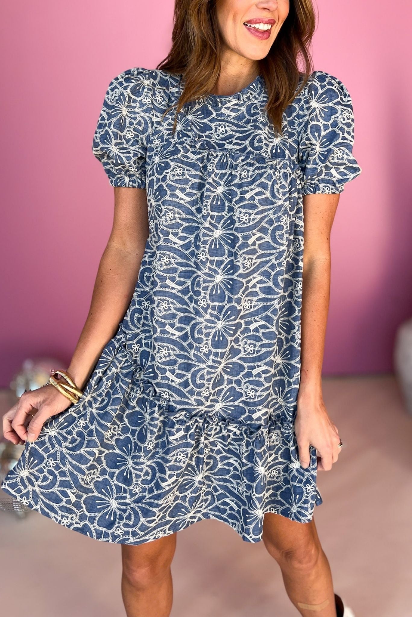 Asymmetrical Yoke Hem Ruffle Short Sleeve Elastic Embroidered Dress, must have dress, must have style, concert style, spring fashion, elevated style, elevated dress, mom style, shop style your senses by mallory fitzsimmons, ssys by mallory fitzsimmons