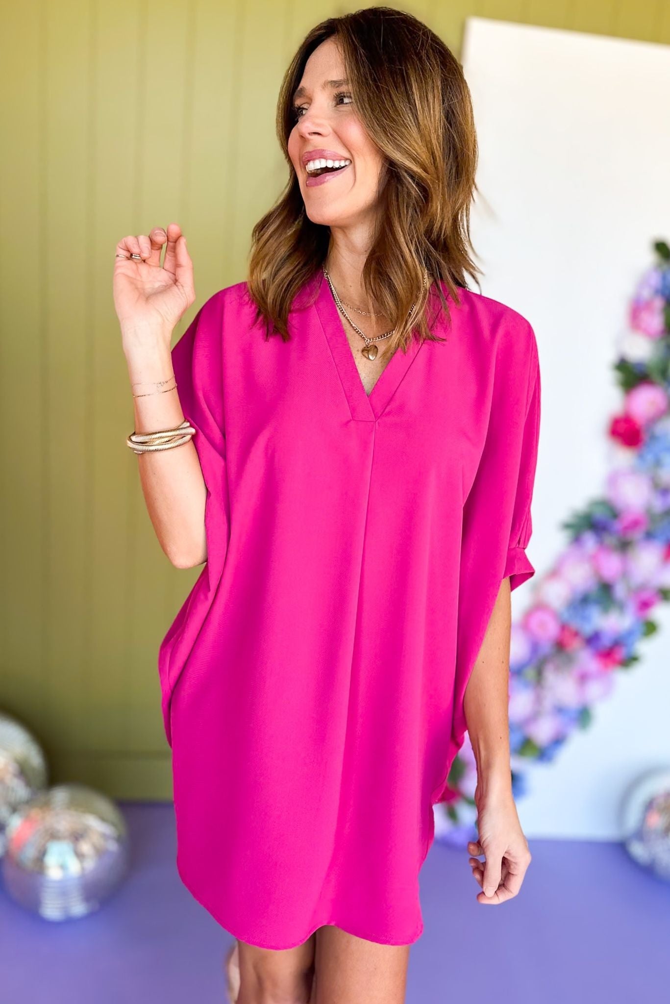 Magenta V Neck Half Sleeve Tulip Hem Dress, must have dress, must have style, church style, spring fashion, elevated style, elevated dress, mom style, work dress, shop style your senses by mallory fitzsimmons, ssys by mallory fitzsimmons