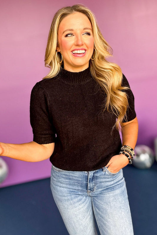 Black Puff Short Sleeve Sweater Top, elevated style, elevated sweater, short sleeve sweater, fall style, fall fashion, must have style, must have basic, fall basic, mom style, affordable fashion, shop style your senses by mallory fitzsimmons