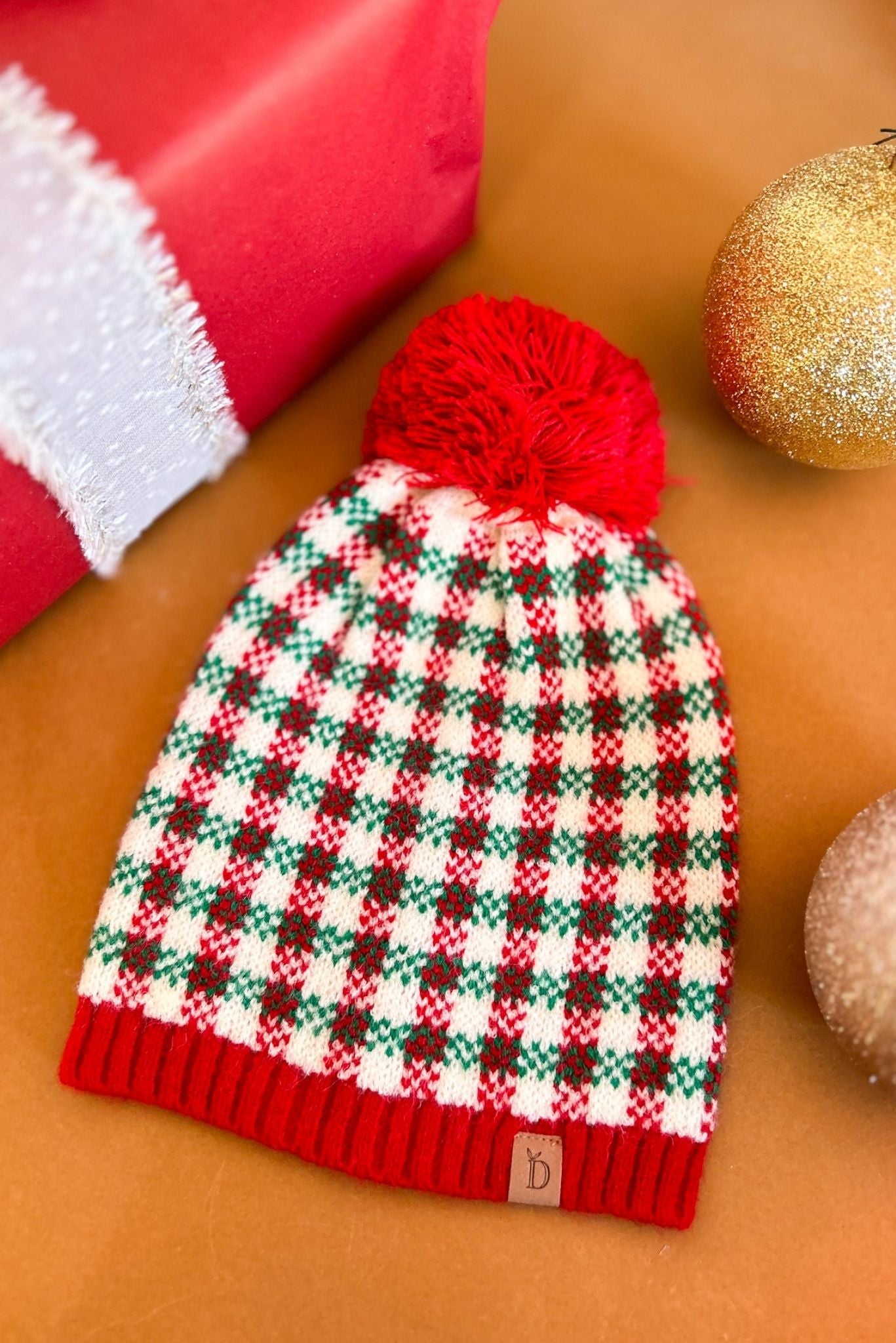  Red Check Patterned Pom Pom Beanie Hat, accessory, beanie, must have style, elevated style, mom style, shop style your senses by mallory fitzsimmons
