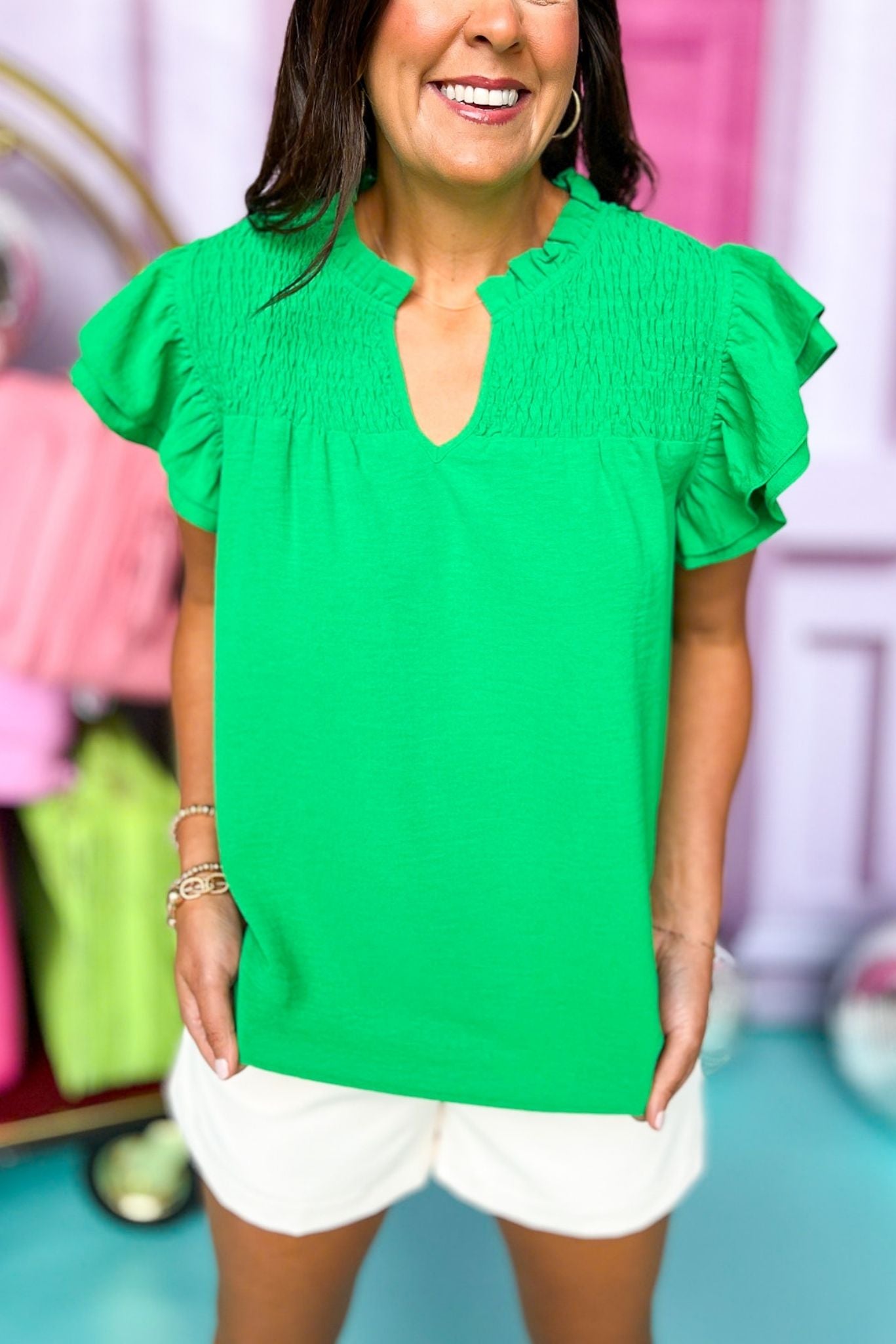 Kelly Green Frill Neck Smocked Yoke Layered Ruffle Cap Sleeve Top, must have top, must have style, summer style, spring fashion, elevated style, elevated top, mom style, shop style your senses by mallory fitzsimmons, ssys by mallory fitzsimmons  Edit alt text
