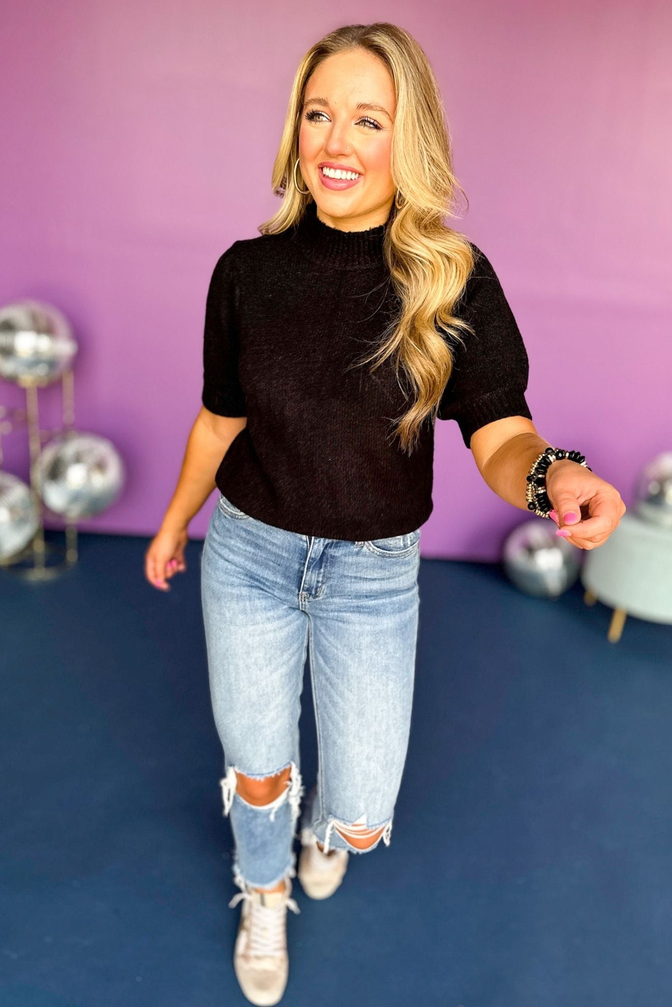 Black Puff Short Sleeve Sweater Top, elevated style, elevated sweater, short sleeve sweater, fall style, fall fashion, must have style, must have basic, fall basic, mom style, affordable fashion, shop style your senses by mallory fitzsimmons