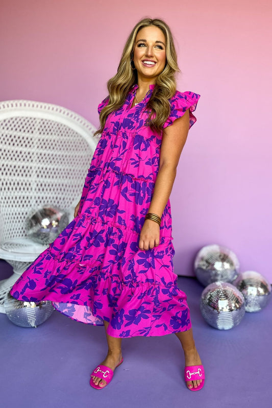 Magenta Floral Printed Split Neck Flutter Sleeve Tiered Maxi Dress, summer dress, floral dress, elevated style, shop style your senses by mallory fitzsimmons