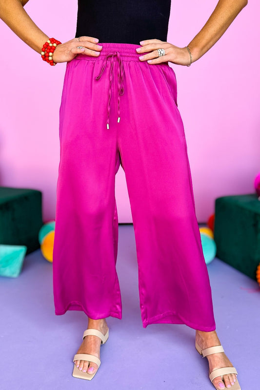 Magenta Drawstring Waist Wide Leg Satin Pants, waist tie, elastic waist, wide leg, office wear, resort wear, new arrival, must have, shop style your senses by mallory fitzsimmons