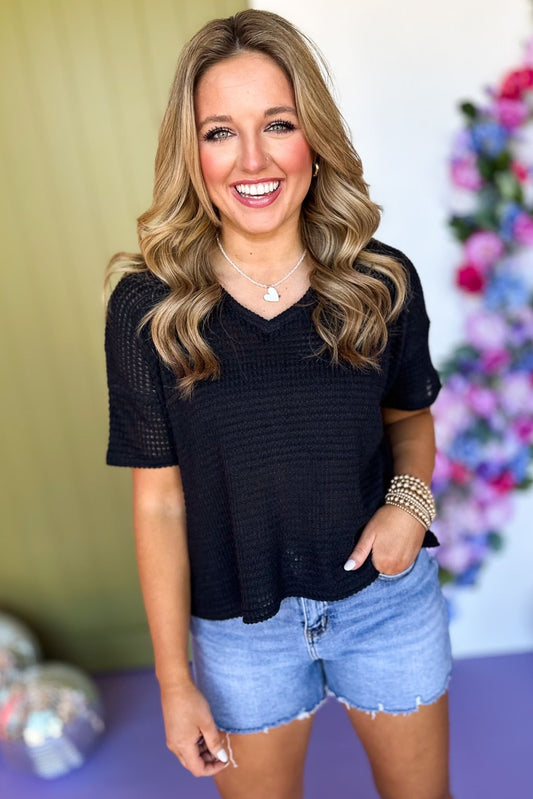  Black Drop Shoulder V Neck Short Sleeve Knit Top *FINAL SALE*, Saturday steals, must have top, knit top, elevated top, everyday top, mom style, casual style, v neck top, easy style, summer style, summer top, shop style your senses by Mallory Fitzsimmons, ssys by Mallory Fitzsimmons
