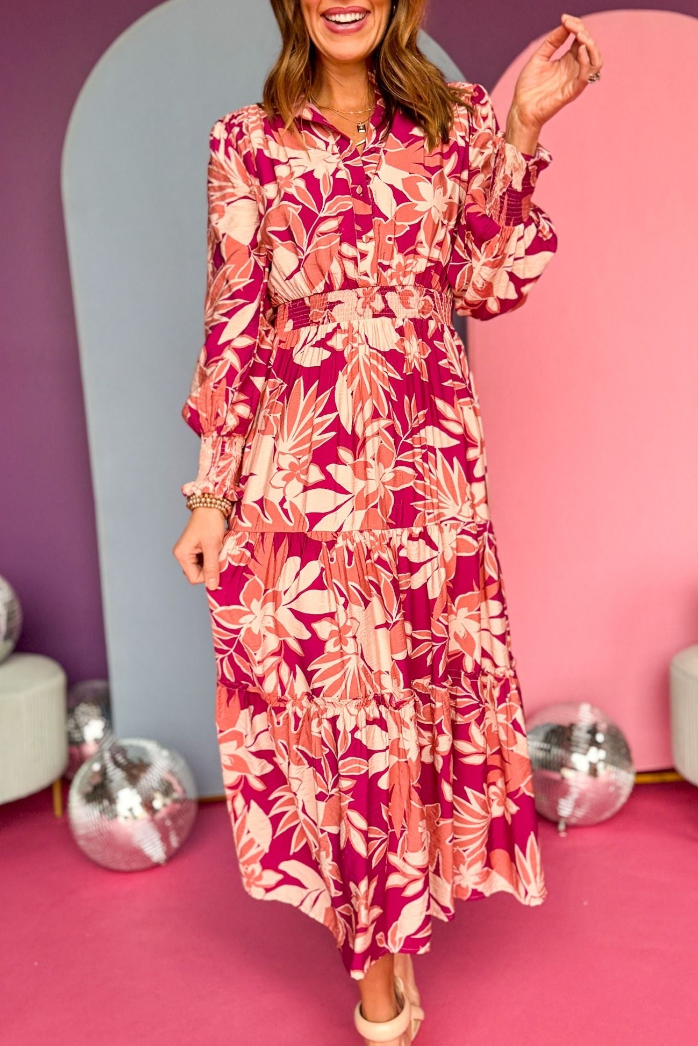 Magenta Floral Printed Frilled Neck Smocked Detail Long Sleeve Maxi Dress, must have dress, must have style, office style, spring fashion, elevated style, elevated dress, mom style, work dress, shop style your senses by mallory fitzsimmons