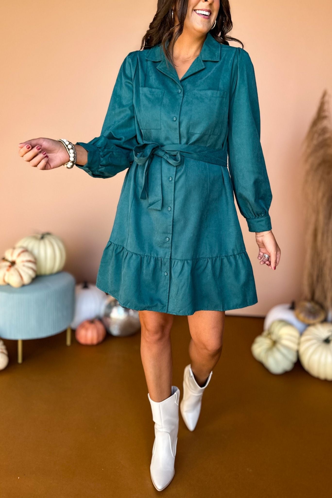 Hunter Green Faux Suede Tie Waist Button Front Skirted Dress, must have dress, must have style, fall style, fall fashion, elevated style, elevated dress, mom style, fall collection, fall dress, shop style your senses by mallory fitzsimmons