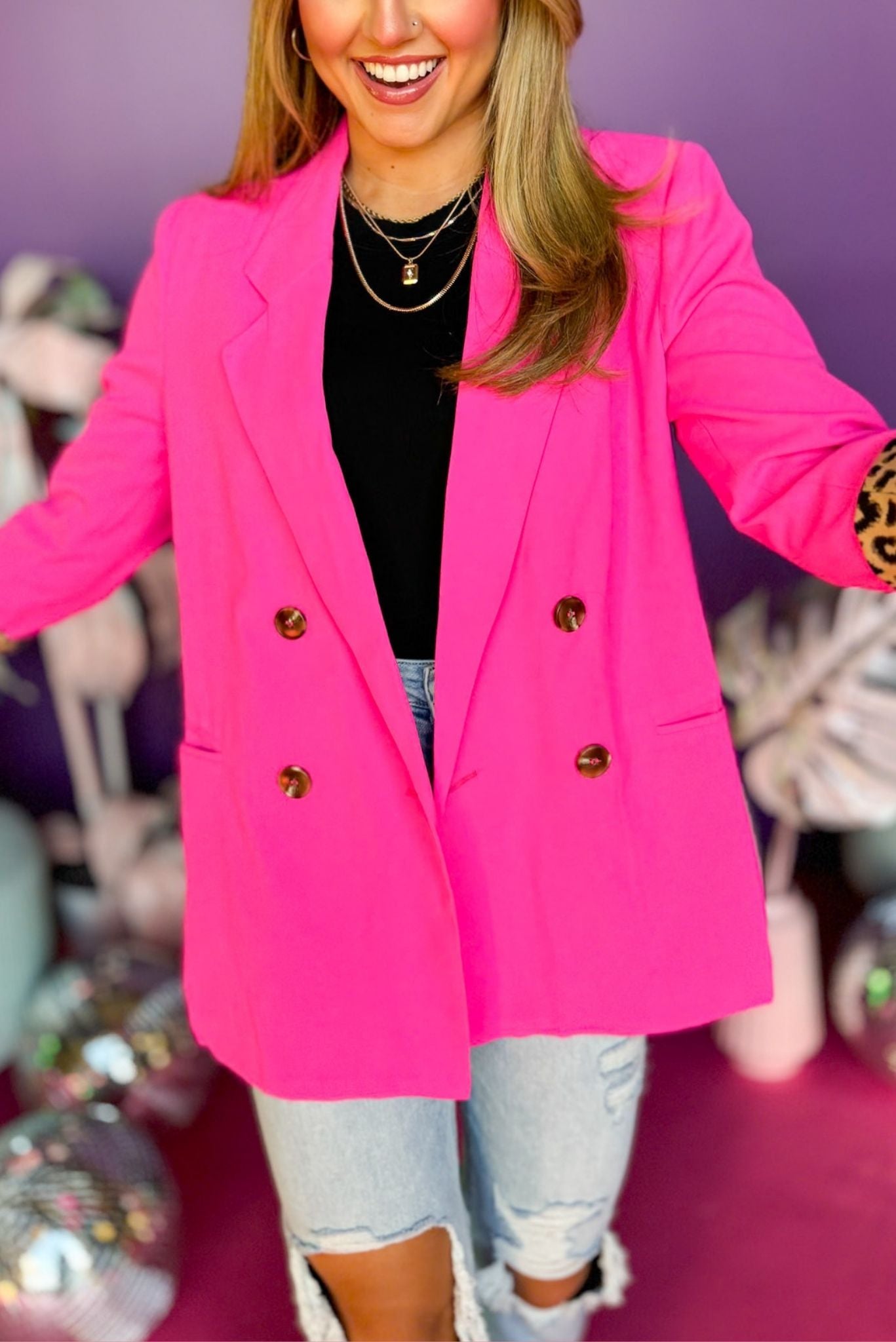 Hot Pink Animal Print Detail Front Pocket Blazer, must have blazer, animal print blazer, elevated blazer, pink blazer, office style, work to weekend, mom style, shop style your senses by mallory fitzsimmons