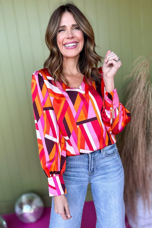 Fuchsia Abstract Printed V Neck Puffed Long Sleeve Top, must have top, must have style, office style, winter fashion, elevated style, elevated top, mom style, work top, shop style your senses by mallory fitzsimmons