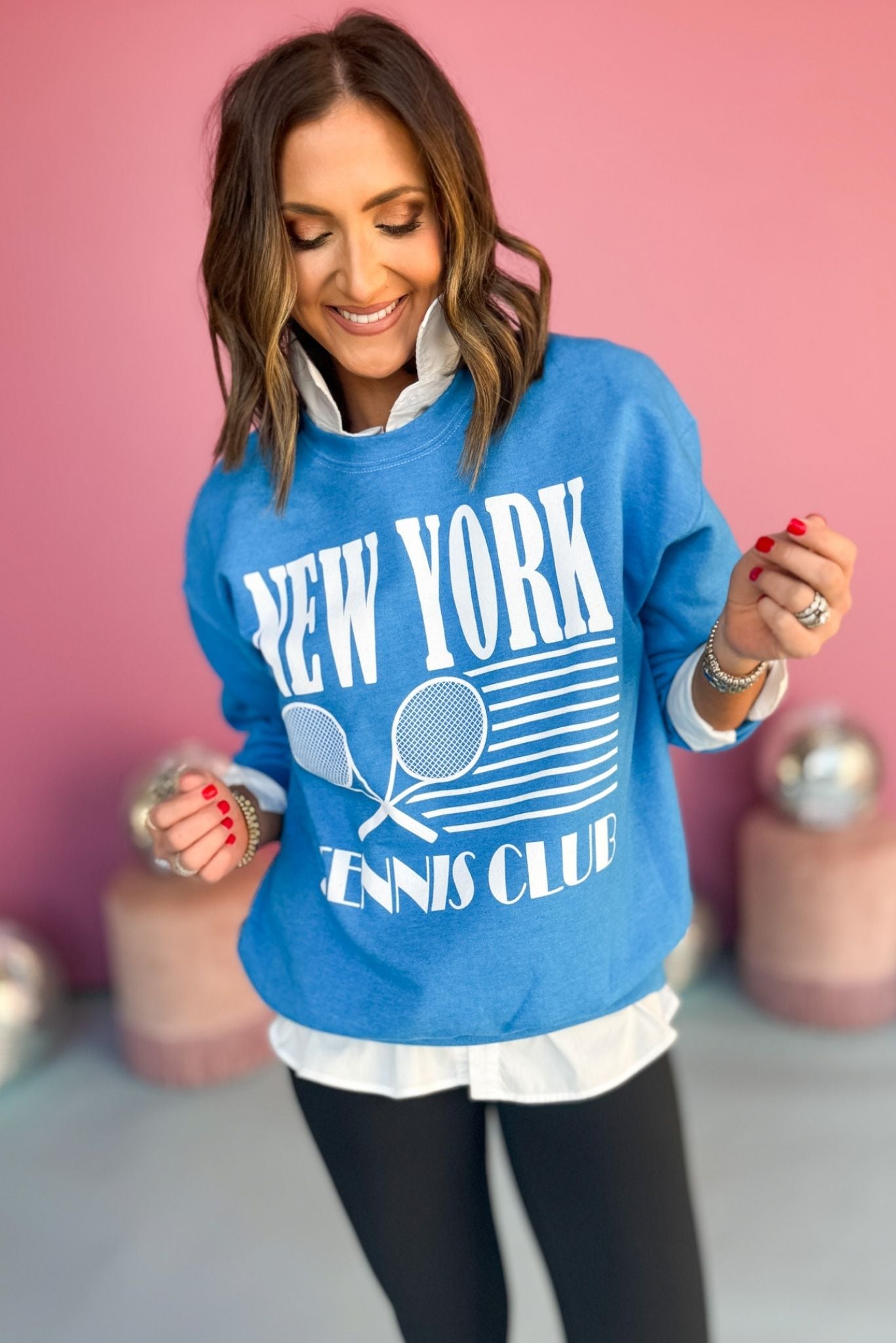 Blue New York Tennis Club Graphic Sweatshirt, must have sweatshirt, elevated sweatshirt, graphic sweatshirt, must have style, comfortable style, casual fashion, mom style, shop style your senses by mallory fitzsimmons