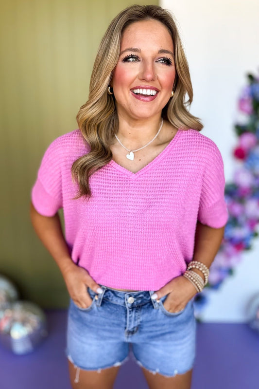  Pink Drop Shoulder V Neck Short Sleeve Knit Top *FINAL SALE*, Saturday steals, must have top, knit top, elevated top, everyday top, mom style, casual style, v neck top, easy style, summer style, summer top, shop style your senses by Mallory Fitzsimmons, ssys by Mallory Fitzsimmons