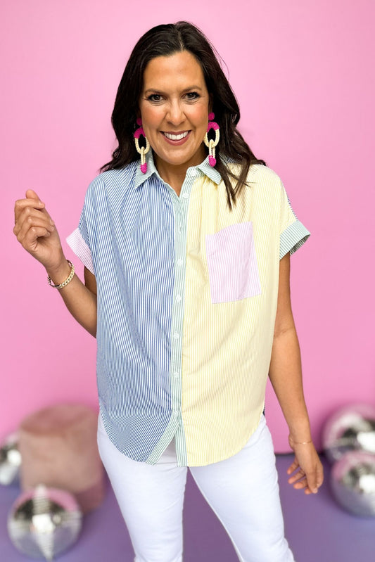 Blue Yellow Stripe Colorblock Collared Button Down Top *FINAL SALE*