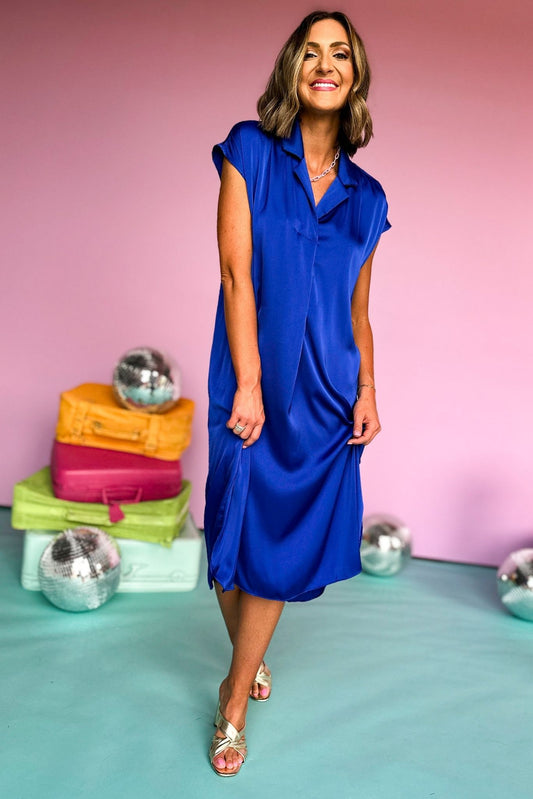 Royal Blue Satin Open Collared Short Sleeve Midi Dress, summer dress, midi dress, elevated style, shop style your senses by mallory fitzsimmons