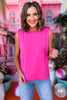 SSYS The Shelby Shoulder Pad Sleeveless Top In Pink, ssys the label, spring break top, spring break style, spring fashion affordable fashion, elevated style, bright style, shoulder pad top, mom style, shop style your senses by mallory fitzsimmons, ssys by mallory fitzsimmons