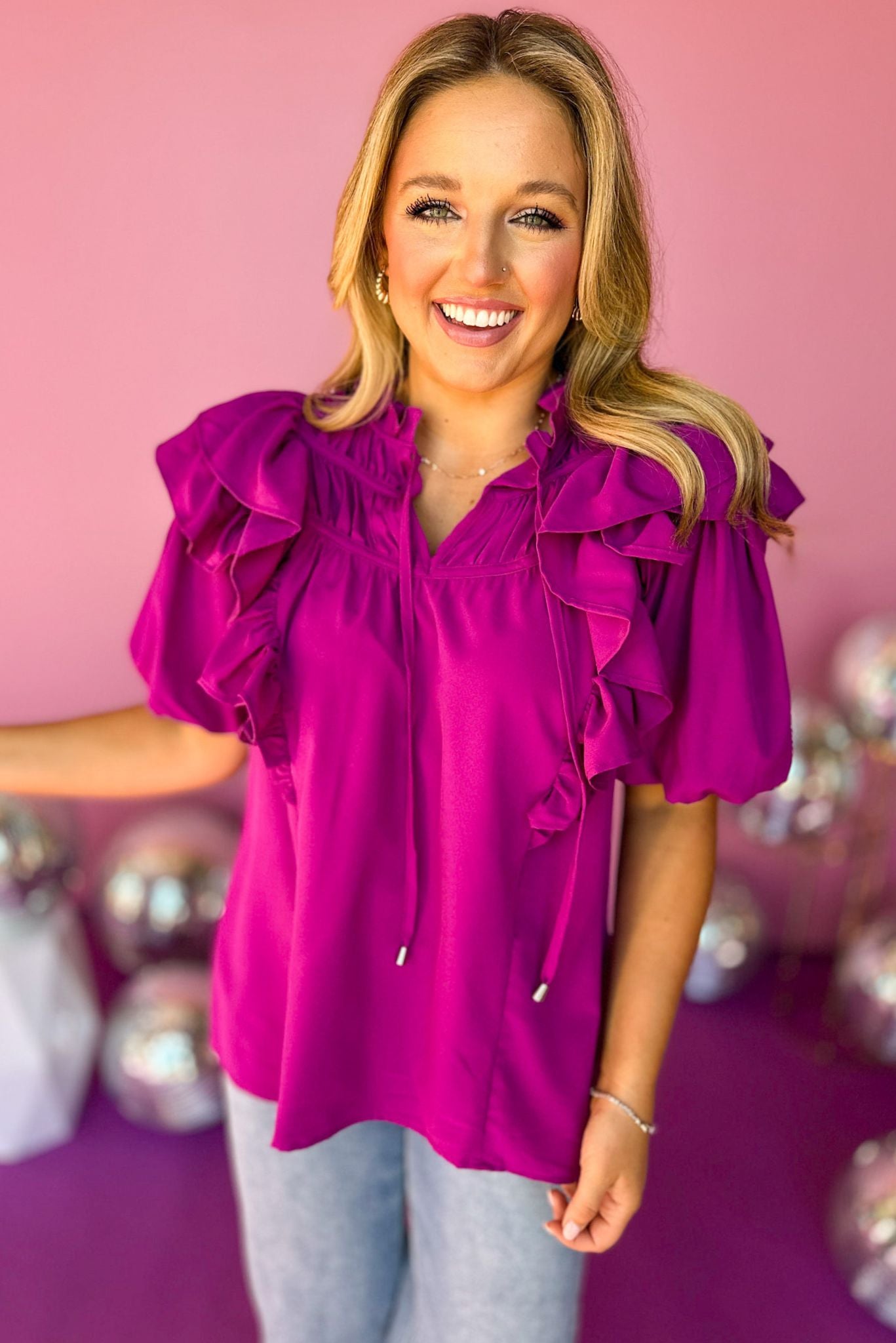 Fuchsia Frilled Tie Neck Bubble Ruffle Sleeve Top, must have top, must have style, must have fall, fall collection, fall fashion, elevated style, elevated top, mom style, fall style, shop style your senses by mallory fitzsimmons