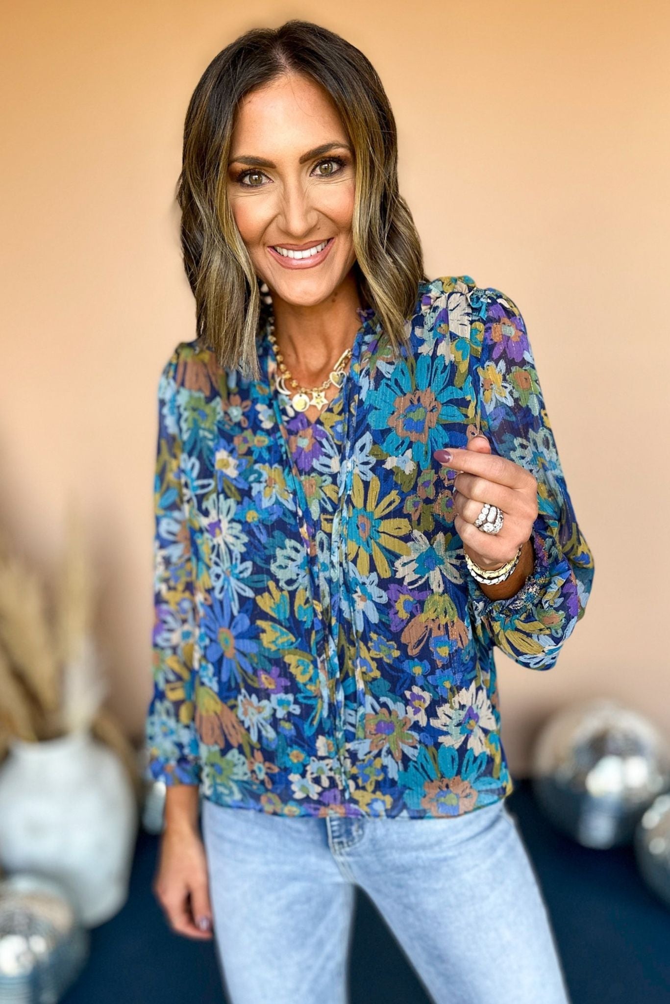 Navy Floral Printed Chiffon Tie Neck Long Sleeve Top, elevated top, elevaed style, must have top, must have style, fall top, printed top, mom style, fall fashion, shop style your senses by mallory fitzsimmons