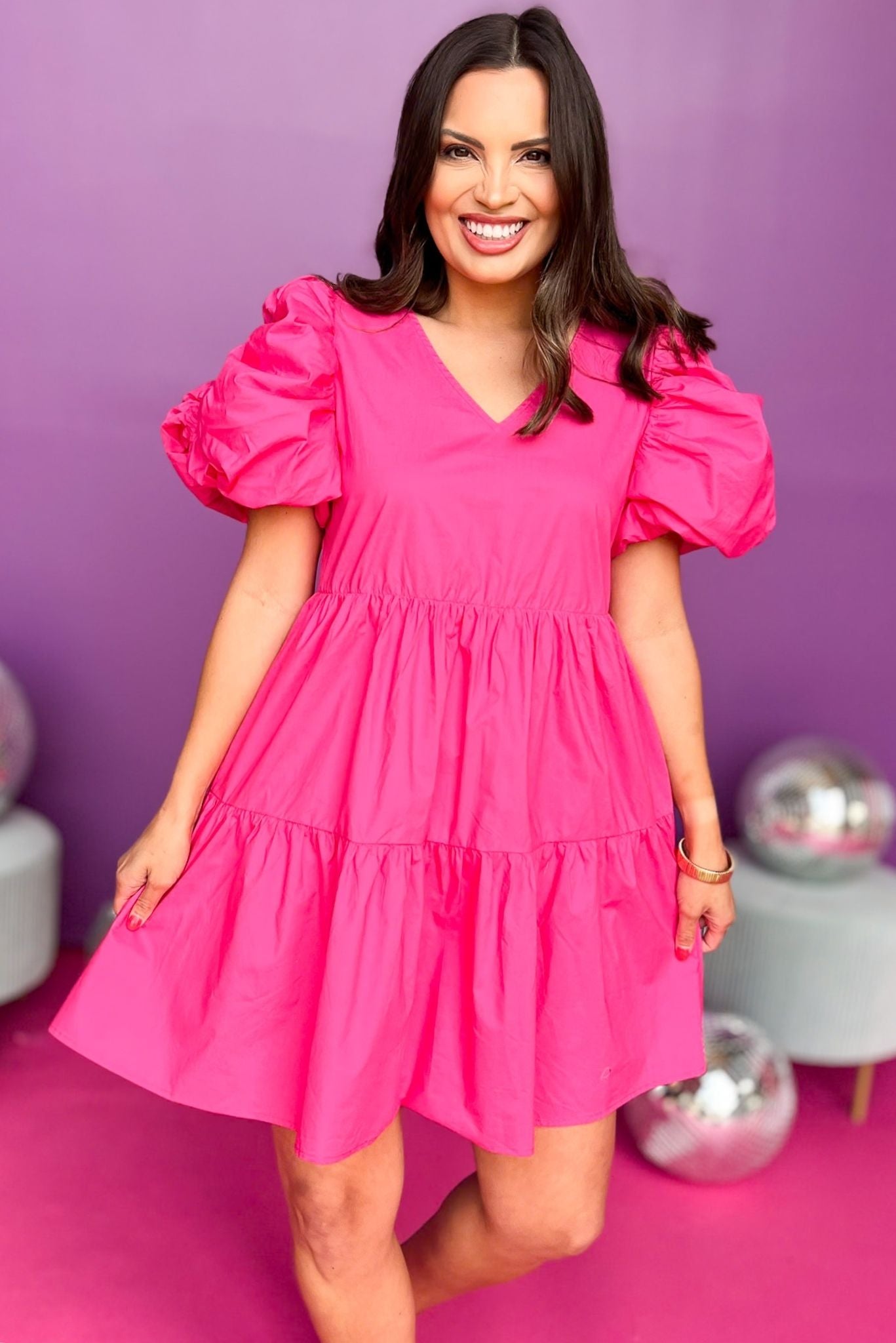 Fuchsia V Neck Short Puff Sleeve Tiered Dress, puff sleeve dress, must have dress, must have style, weekend style, spring fashion, elevated style, elevated style, mom style, shop style your senses by mallory fitzsimmons, ssys by mallory fitzsimmons  Edit alt text