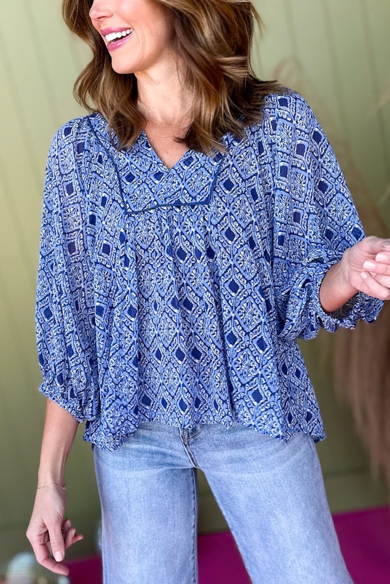 Blue Geometric Printed Collared Split Neck Top, must have top, must have style, office style, winter fashion, elevated style, elevated top, mom style, work top, shop style your senses by mallory fitzsimmons