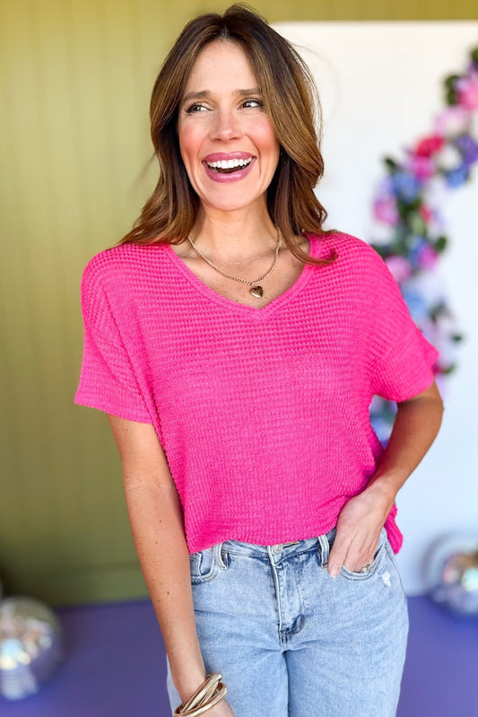  Fuchsia Drop Shoulder V Neck Short Sleeve Knit Top *FINAL SALE*, Saturday steals, must have top, knit top, elevated top, everyday top, mom style, casual style, v neck top, easy style, summer style, summer top, shop style your senses by Mallory Fitzsimmons, ssys by Mallory Fitzsimmons