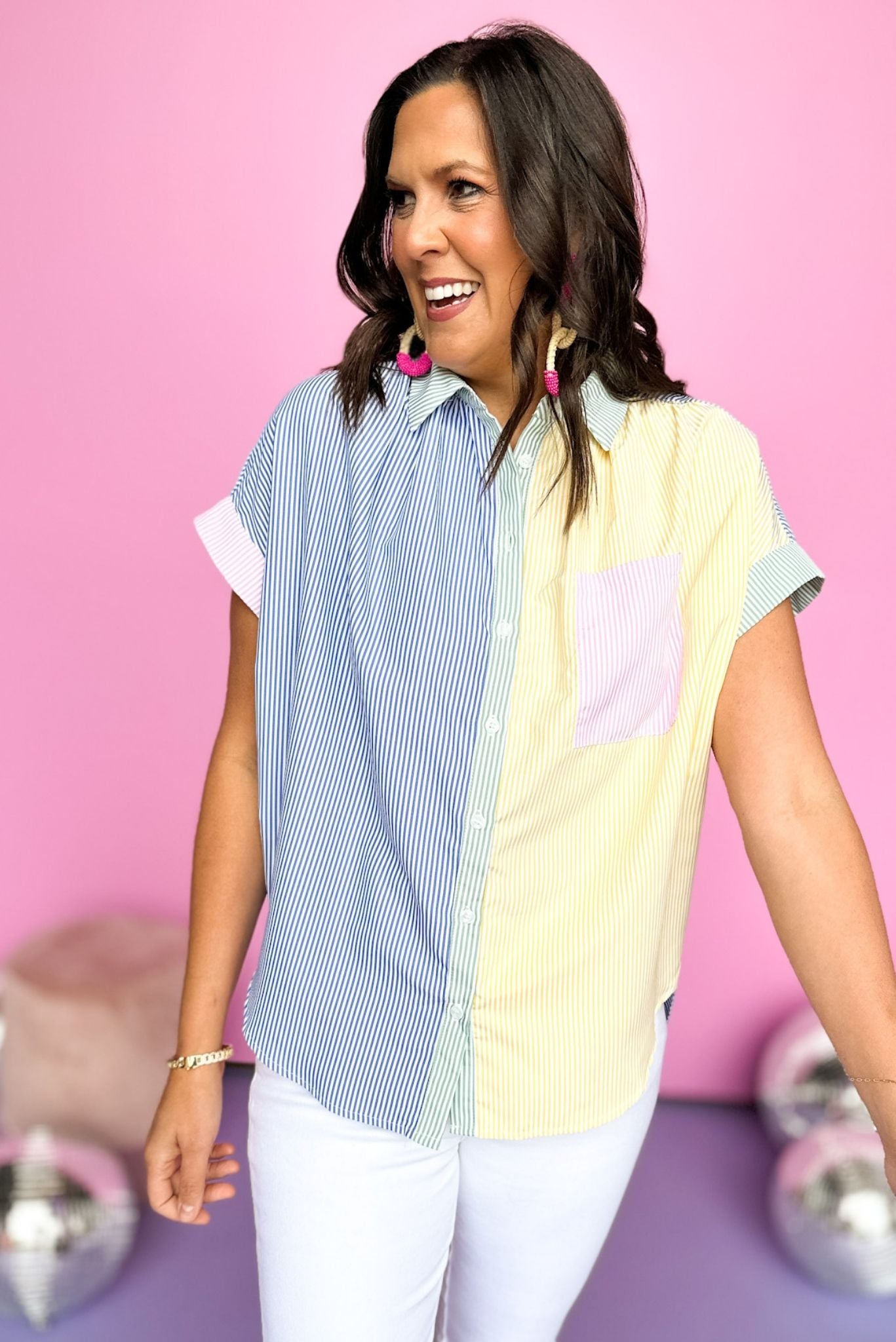 Blue Yellow Stripe Colorblock Collared Button Down Top *FINAL SALE*