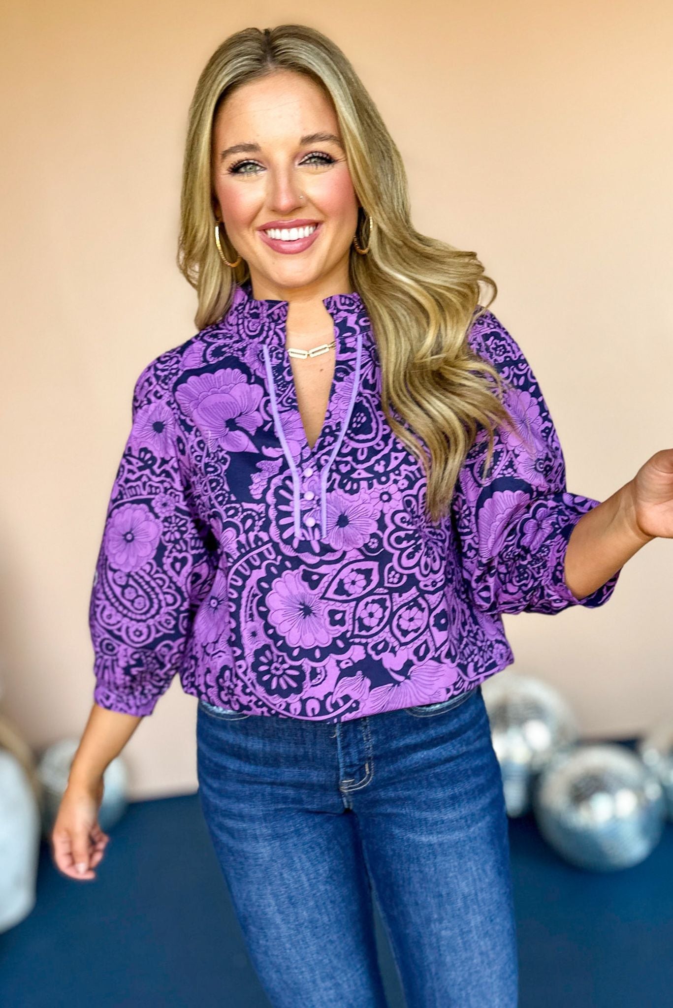 Purple Paisley Printed Notched Neckline Ruffle Trim Top