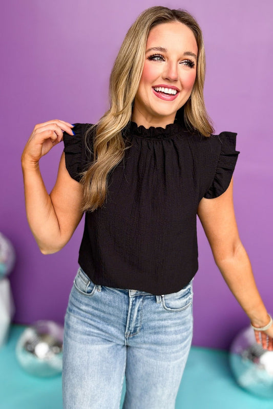 Black Woven Mock Neck Ruffle Sleeve Top, Saturday steal, must have top, must have style, brunch style, summer style, spring fashion, elevated style, elevated top, mom style, shop style your senses by mallory fitzsimmons, ssys by mallory fitzsimmons