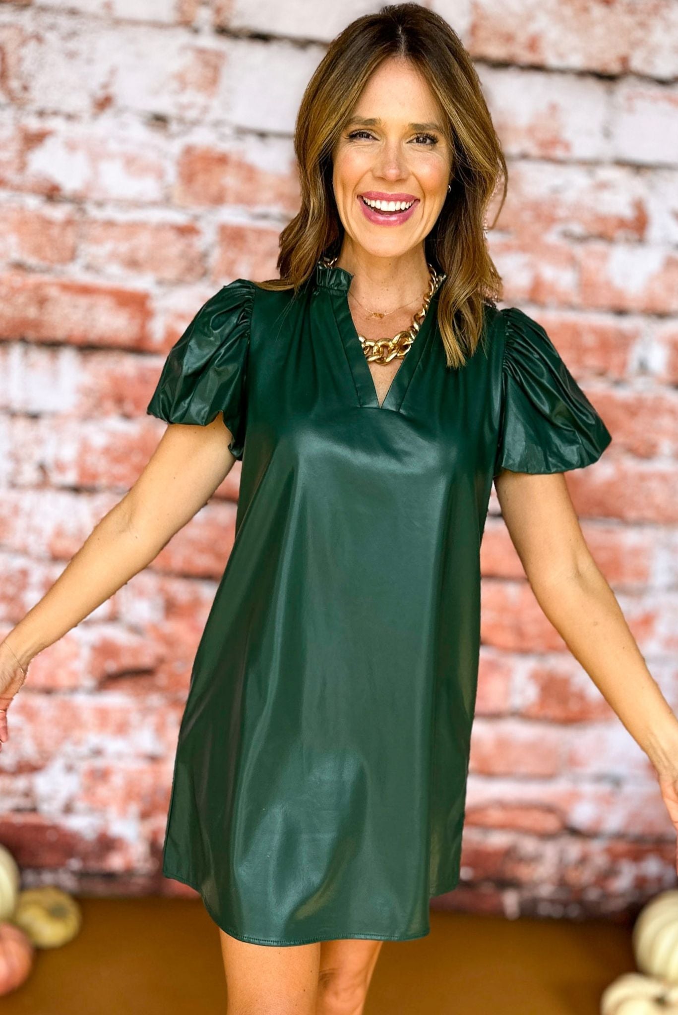  Hunter Green Faux Leather V Neck Puff Short Sleeve Dress, must have dress, must have style, fall style, fall fashion, elevated style, elevated dress, mom style, fall collection, fall dress, shop style your senses by mallory fitzsimmons