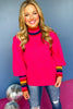 Hot Pink Mock Neck Striped Long Sleeve Pullover, elevated style, must have style, must have sweater, elevated sweater, rainbow detail, bright sweater, fall sweater, fall fashion, mom style, fun mom style, fun mom sweater, shop style your senses by mallory fitzsimmons