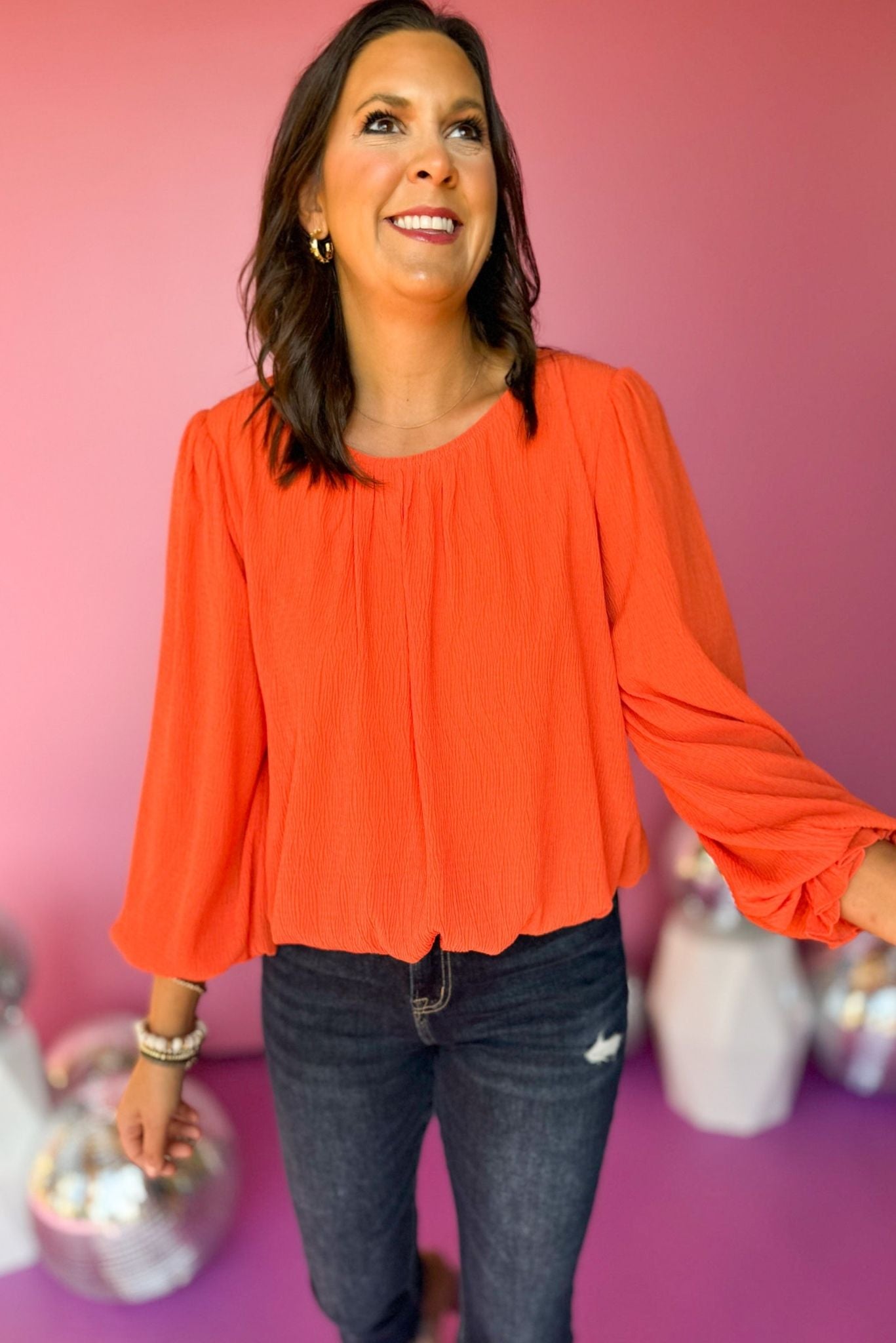 Orange Textured Smocked Cuff Long Sleeve Top, must have top, must have style, fall style, fall fashion, elevated style, elevated top, mom style, fall collection, fall top, shop style your senses by mallory fitzsimmons