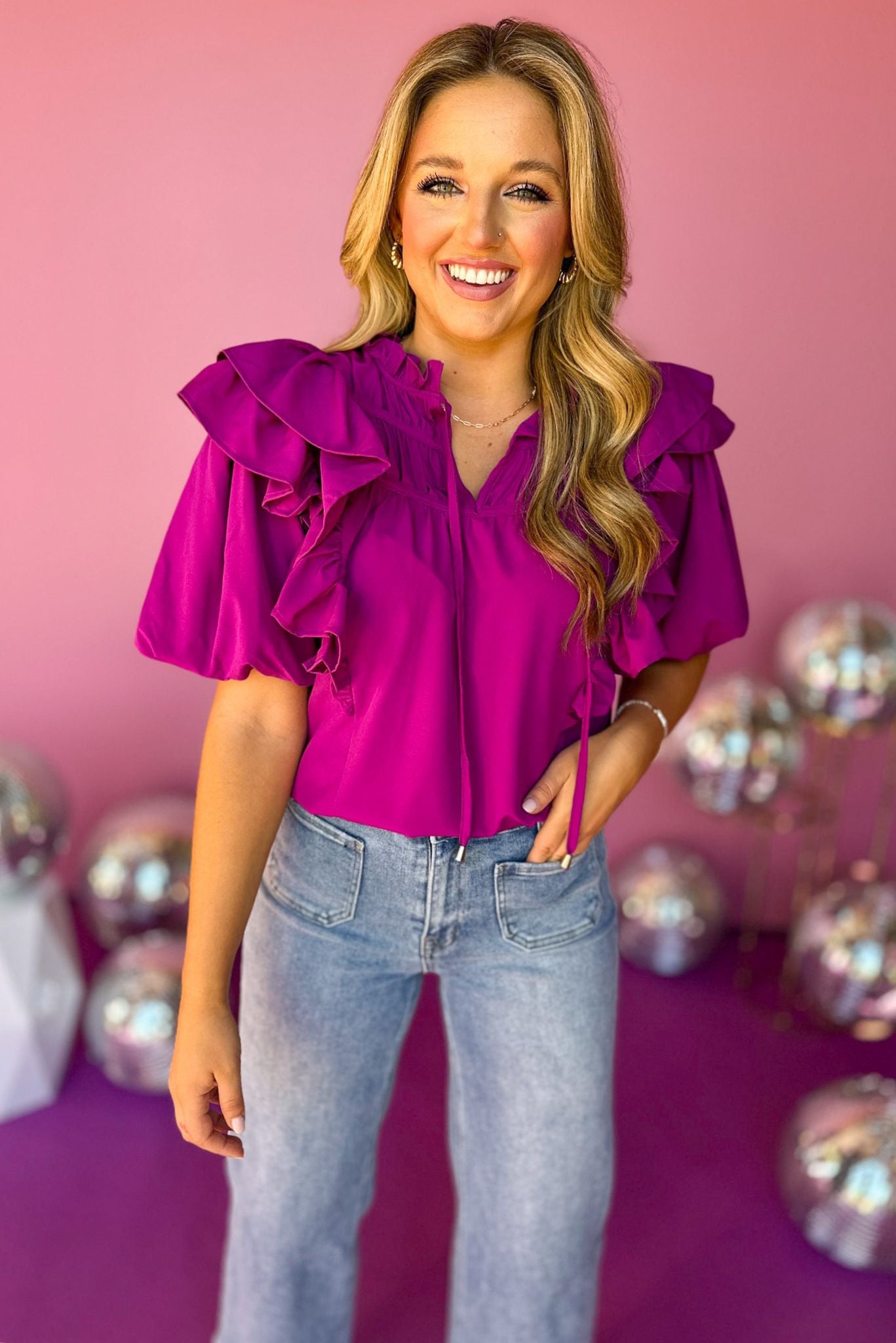 Fuchsia Frilled Tie Neck Bubble Ruffle Sleeve Top, must have top, must have style, must have fall, fall collection, fall fashion, elevated style, elevated top, mom style, fall style, shop style your senses by mallory fitzsimmons