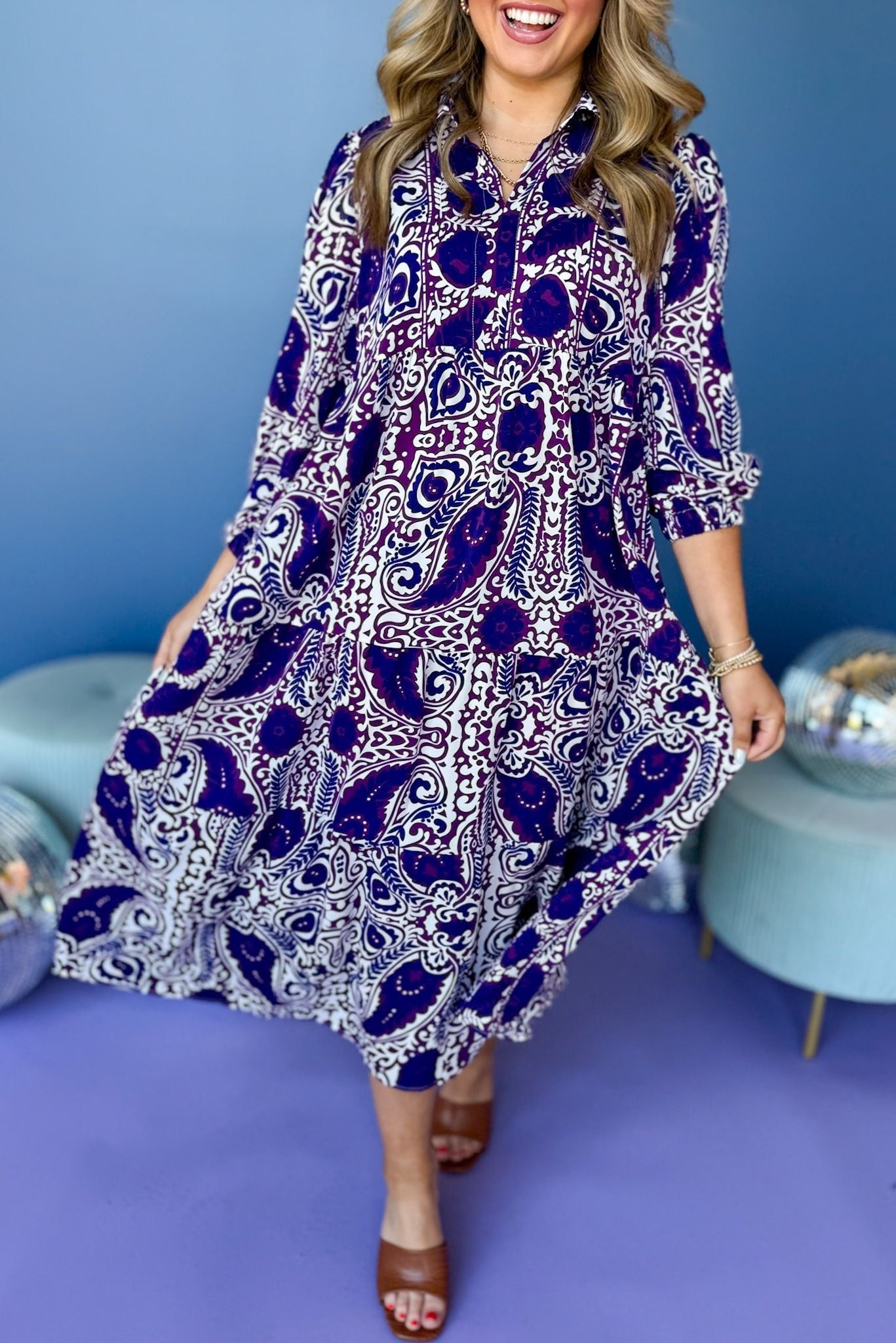 Purple Paisley Printed Split Neck Tiered 3/4 Balloon Sleeve Midi Dress, must have dress, must have style, office style, spring fashion, elevated style, elevated dress, mom style, work dress, shop style your senses by mallory fitzsimmons