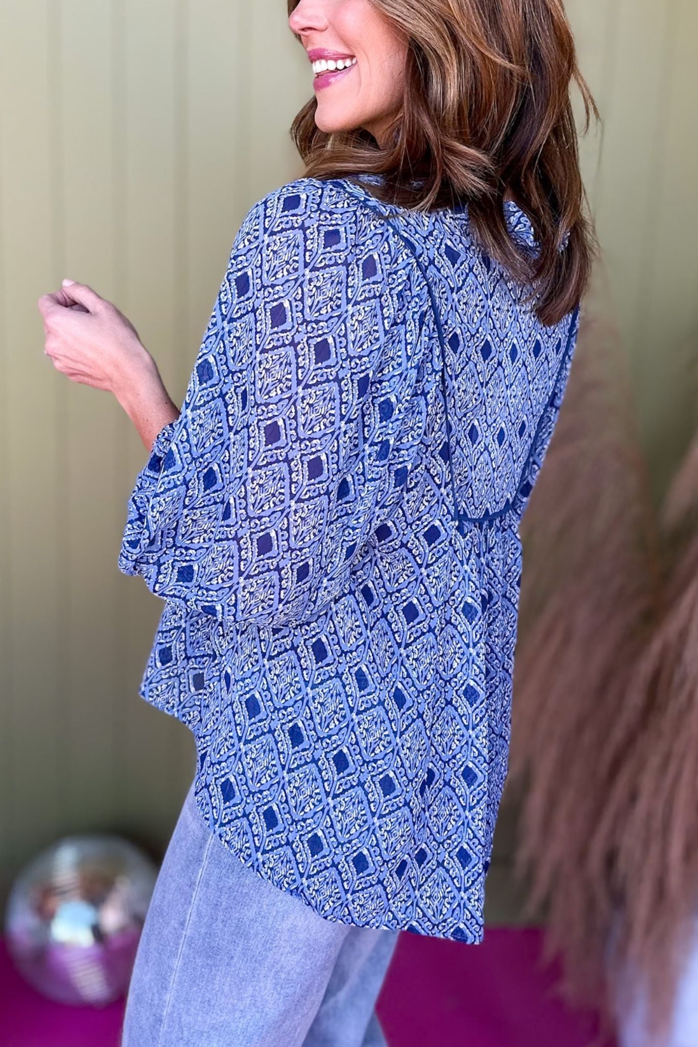 Blue Geometric Printed Collared Split Neck Top, must have top, must have style, office style, winter fashion, elevated style, elevated top, mom style, work top, shop style your senses by mallory fitzsimmons