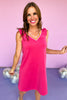 SSYS Pink Scuba V Neck Active Dress With Neon Yellow and Pink Stripe Trim *FINAL SALE*