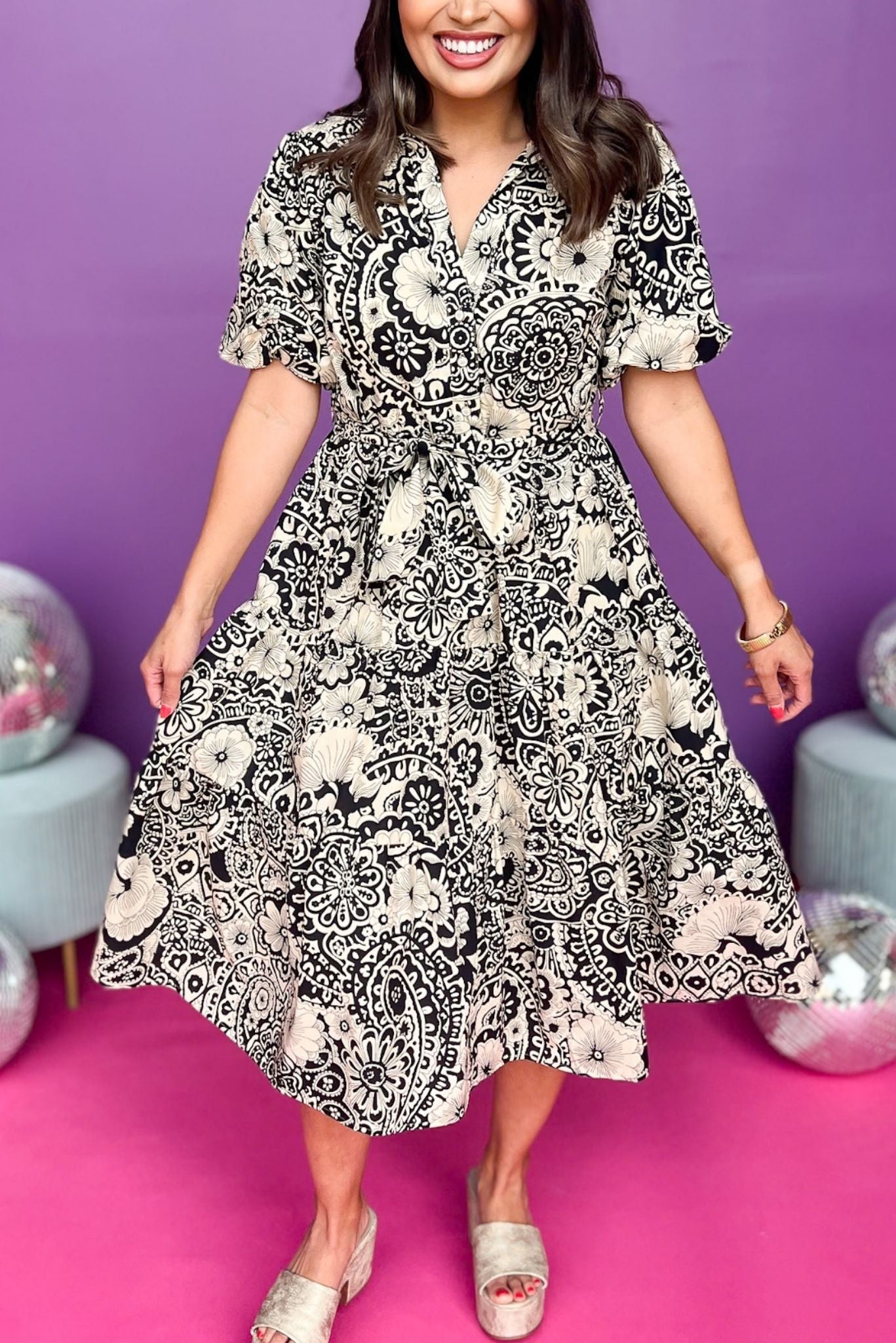 Black Paisley Printed Two Tone Collared Tie Waist Short Sleeve Midi Dress, must have dress, must have style, weekend style, spring fashion, elevated style, elevated style, mom style, shop style your senses by mallory fitzsimmons, ssys by mallory fitzsimmons  Edit alt text