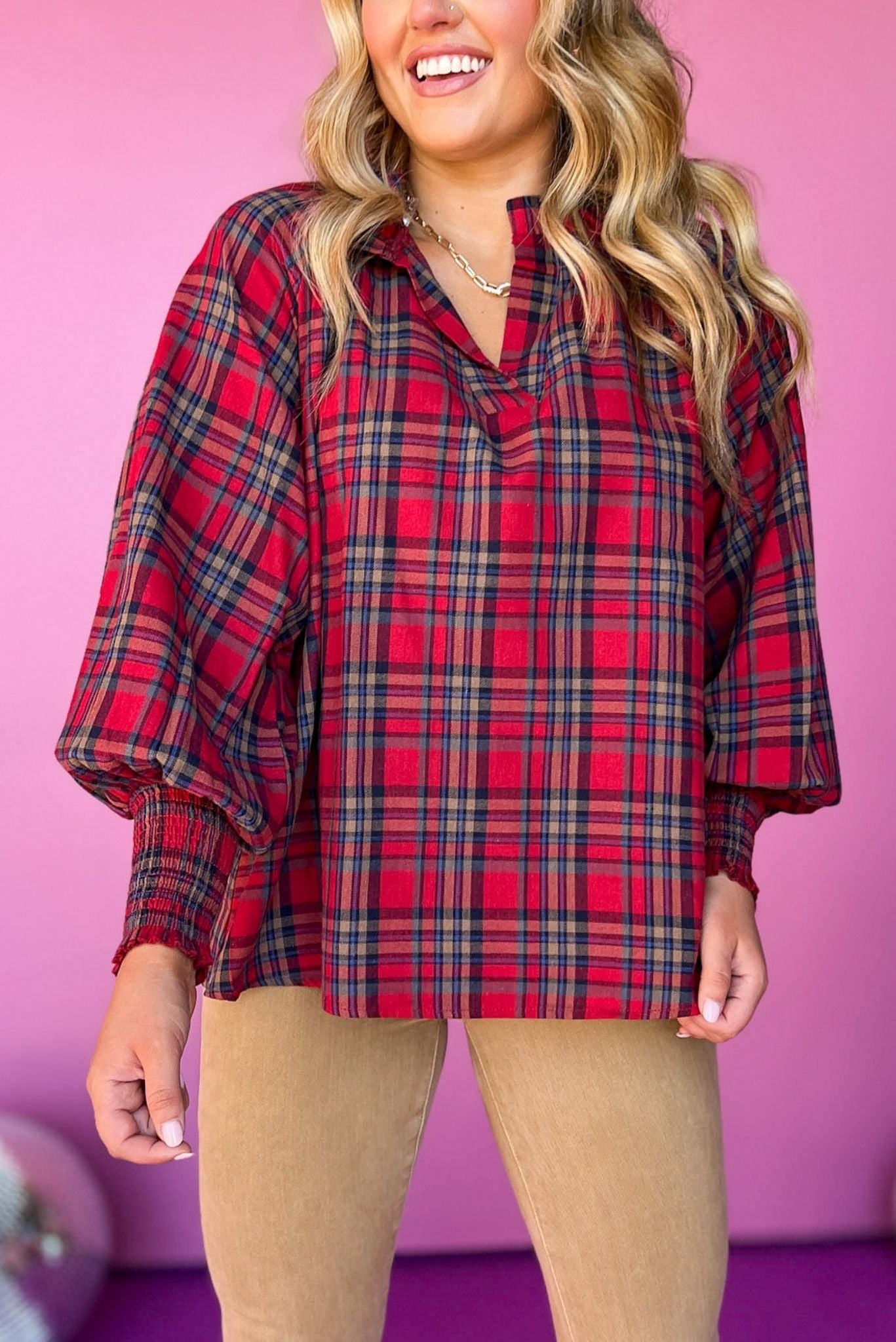 Red Plaid Printed Split Neck Long Sleeve Top, must have top, must have style, must have fall, fall collection, fall fashion, elevated style, elevated top, mom style, fall style, shop style your senses by mallory fitzsimmons