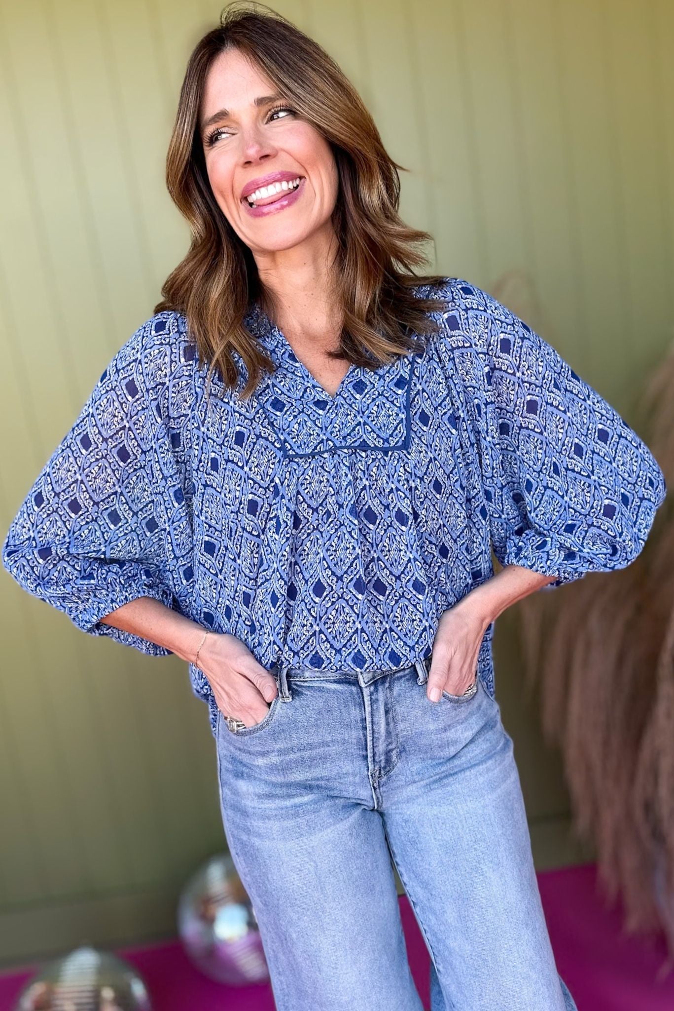 Blue Geometric Printed Collared Split Neck Top, must have top, must have style, office style, winter fashion, elevated style, elevated top, mom style, work top, shop style your senses by mallory fitzsimmons