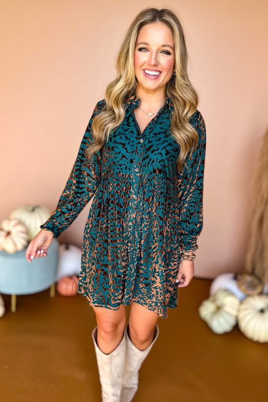  Teal Green Velvet Animal Print Button Front Babydoll Dress, must have dress, must have style, fall style, fall fashion, elevated style, elevated dress, mom style, fall collection, fall dress, animal print, must have print, hop style your senses by mallory fitzsimmons