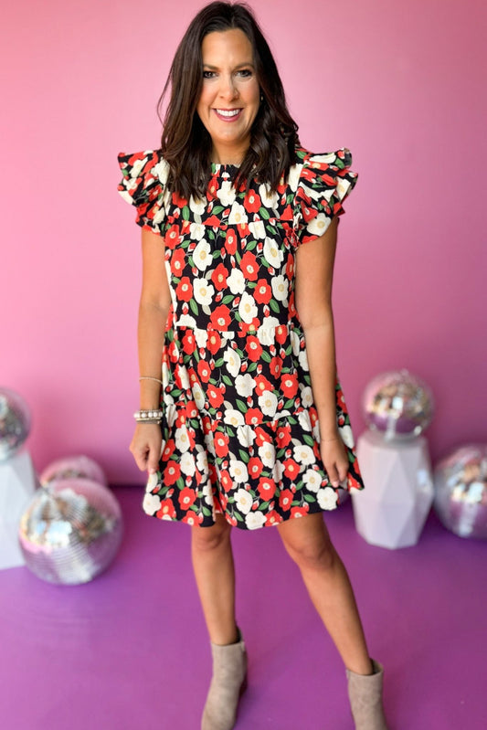  Black Red Floral Frill Neck Ruffle Sleeve Shift Dress, must have dress, must have style, fall style, fall fashion, elevated style, elevated dress, mom style, fall collection, fall dress, shop style your senses by mallory fitzsimmons