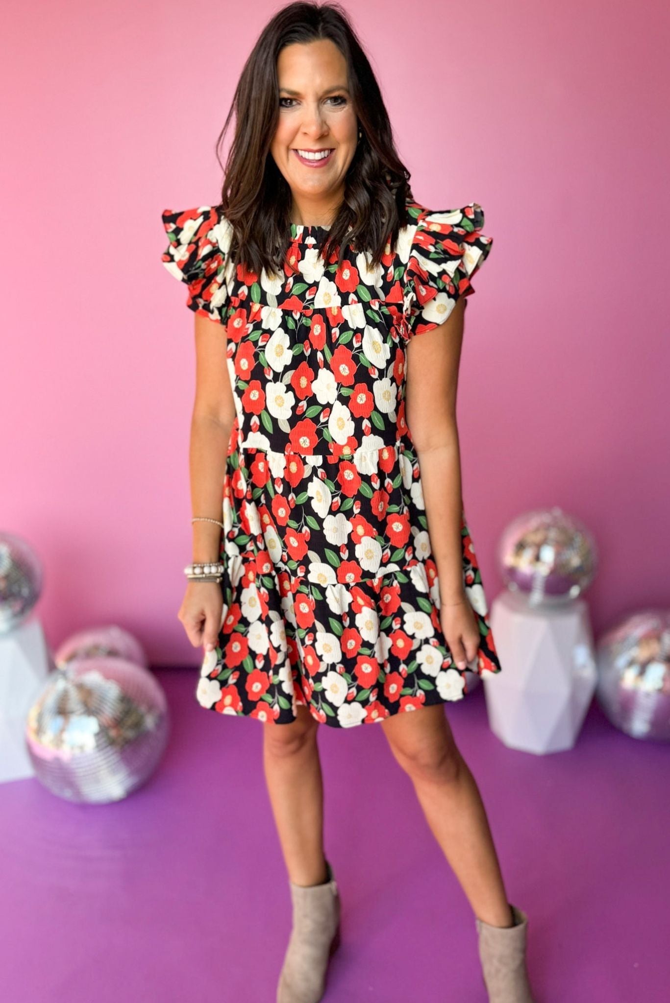  Black Red Floral Frill Neck Ruffle Sleeve Shift Dress, must have dress, must have style, fall style, fall fashion, elevated style, elevated dress, mom style, fall collection, fall dress, shop style your senses by mallory fitzsimmons