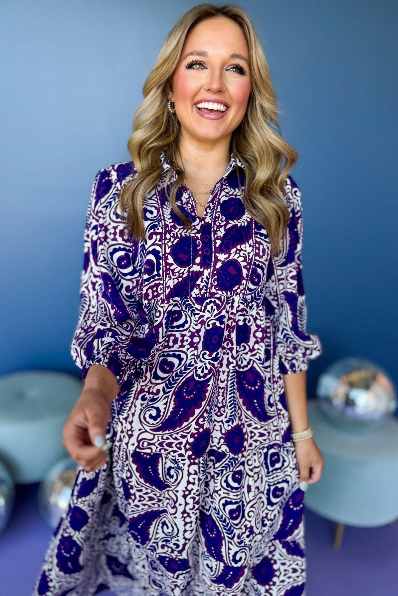 Purple Paisley Printed Split Neck Tiered 3/4 Balloon Sleeve Midi Dress, must have dress, must have style, office style, spring fashion, elevated style, elevated dress, mom style, work dress, shop style your senses by mallory fitzsimmons